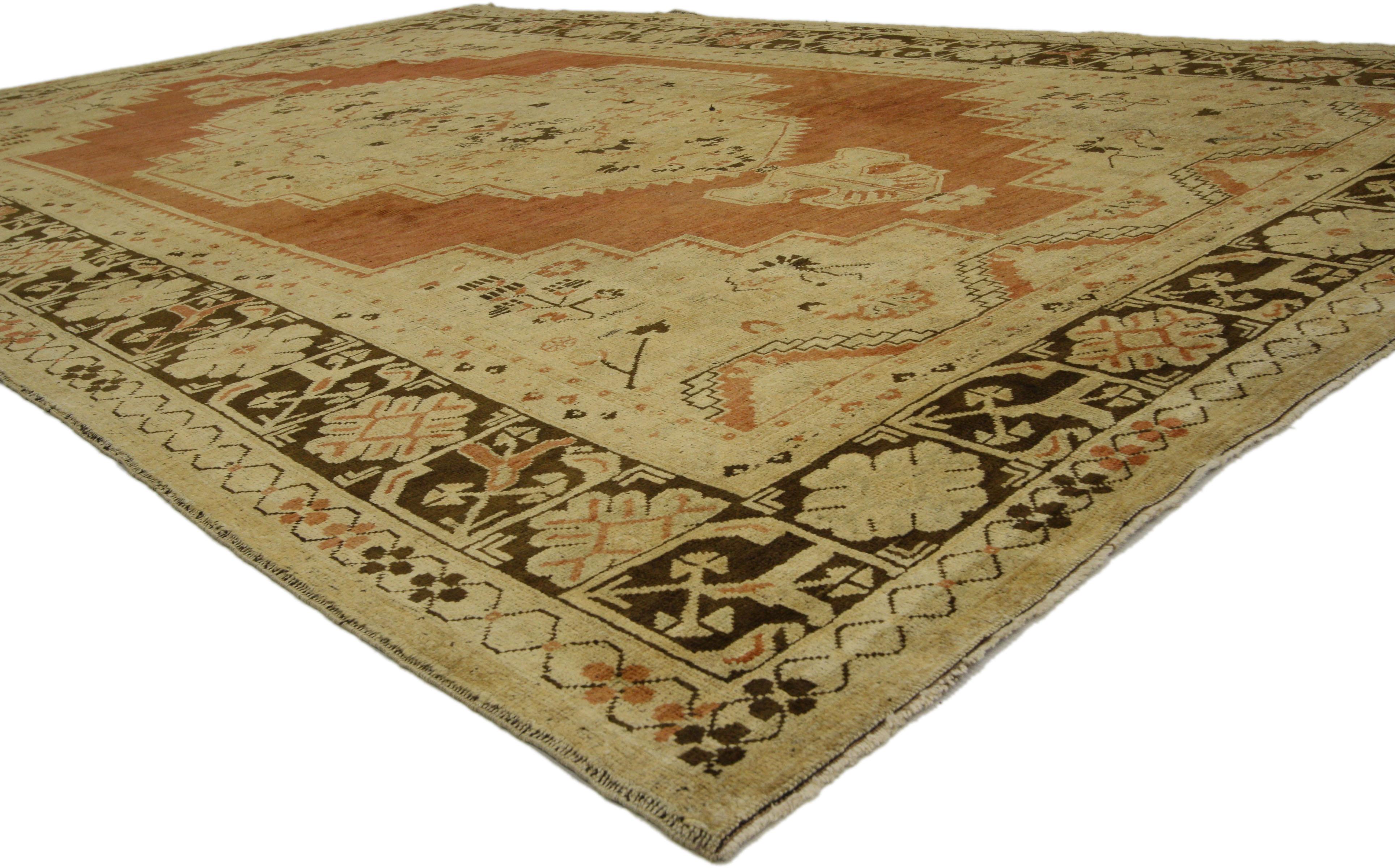 Hand-Knotted Vintage Turkish Oushak Rug with Mid-Century Modern Rustic Style For Sale