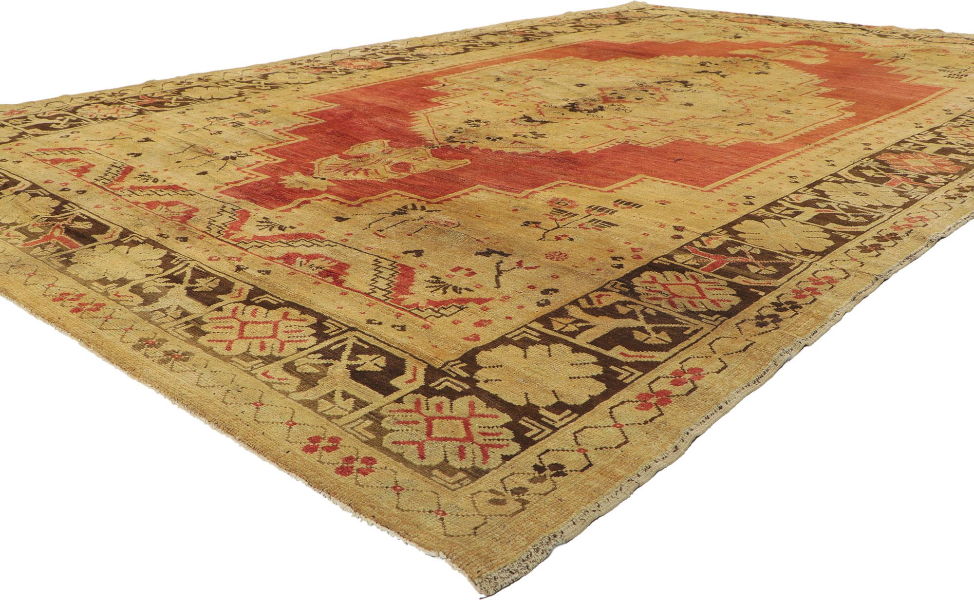 50418 Vintage Turkish Oushak Rug with Mid-Century Modern Rustic Style 07'06 x 11'10. Warm and inviting, this hand-knotted wool vintage Turkish Oushak rug beautifully embodies Mid-Century Modern style with rustic vibes. It features a large-scale