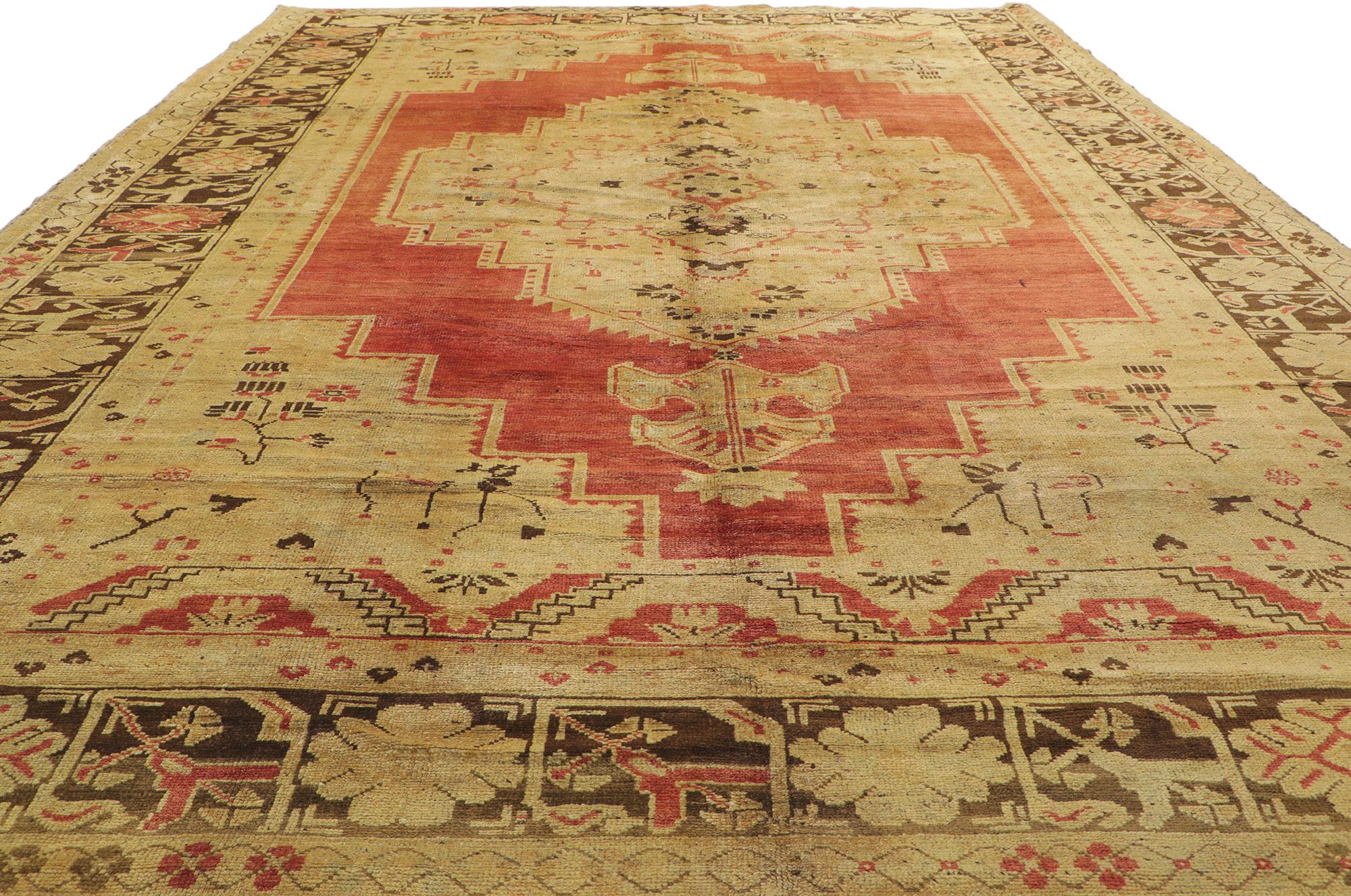 Wool Vintage Turkish Oushak Rug with Mid-Century Modern Rustic Style For Sale