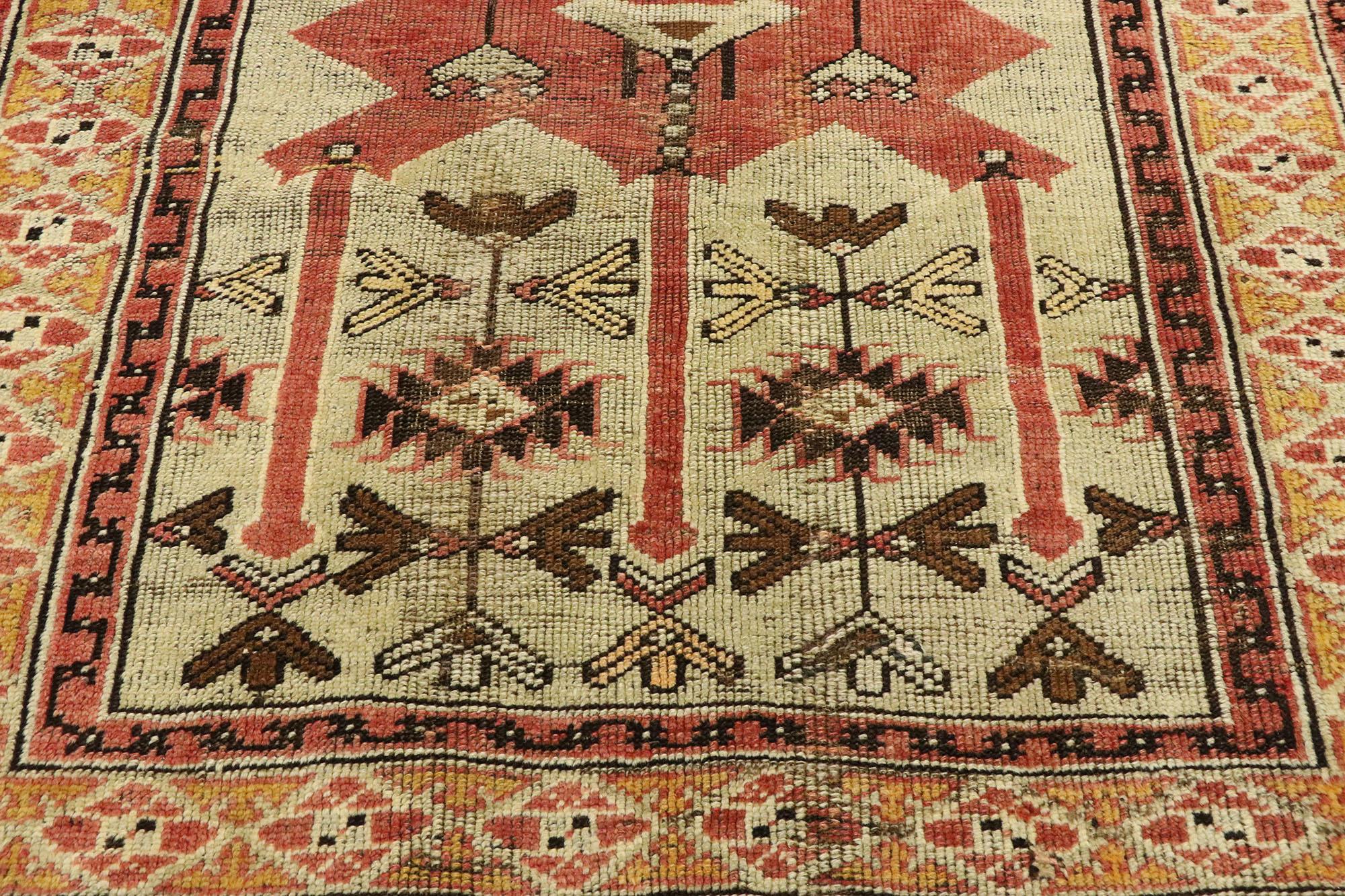 Vintage Turkish Oushak Rug with Mid-Century Modern Tribal Style In Distressed Condition For Sale In Dallas, TX