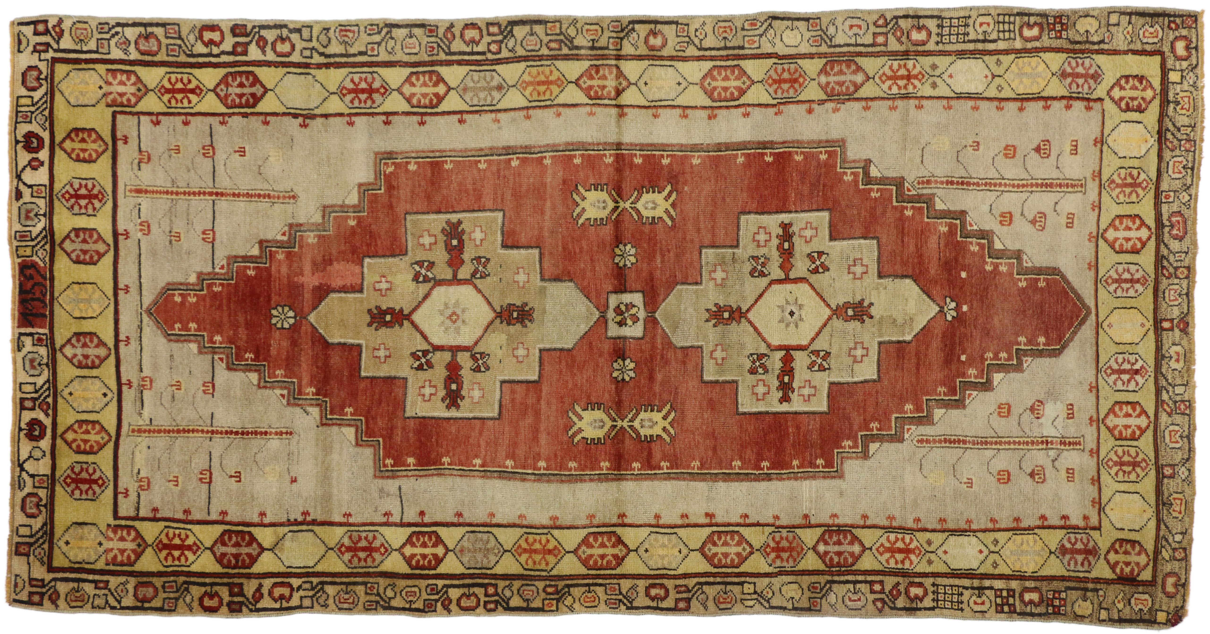 Wool Vintage Turkish Oushak Rug with Mid-Century Modern Tribal Style For Sale
