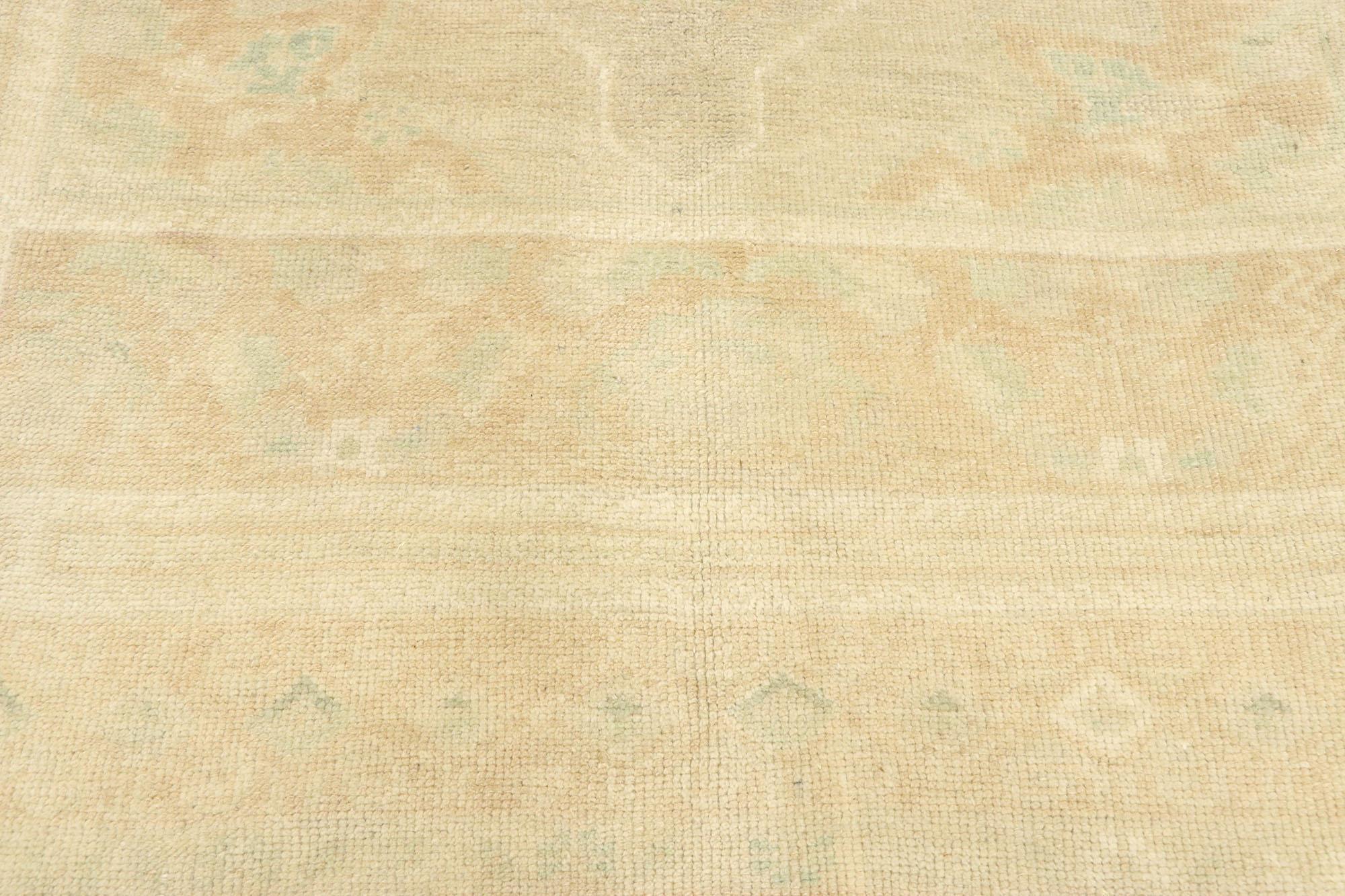 Hand-Knotted Vintage Turkish Oushak Rug with Minimalist French Country Cottage Style For Sale