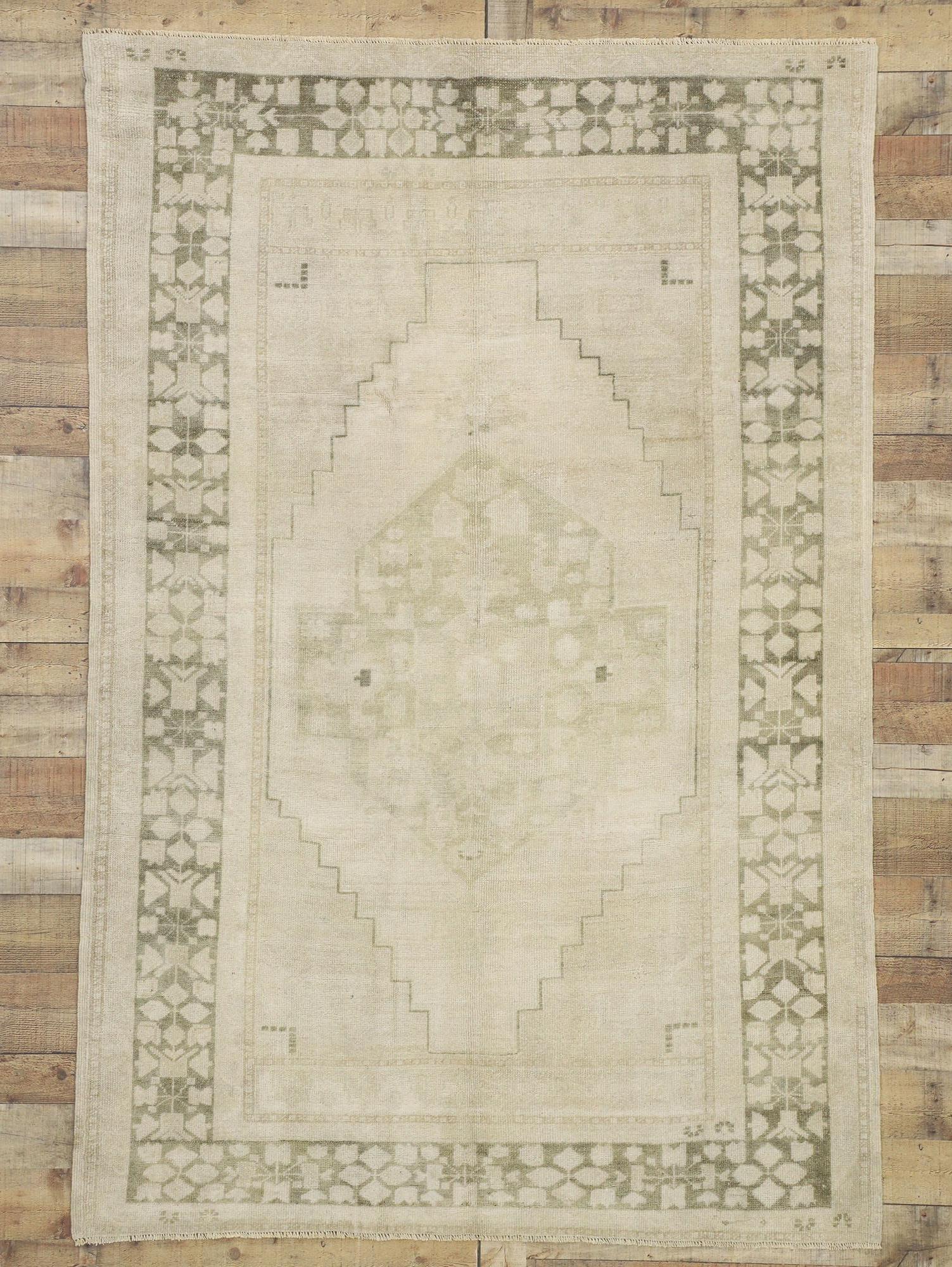 Wool Vintage Turkish Oushak Rug with Mission Style and Faded, Neutral Colors For Sale