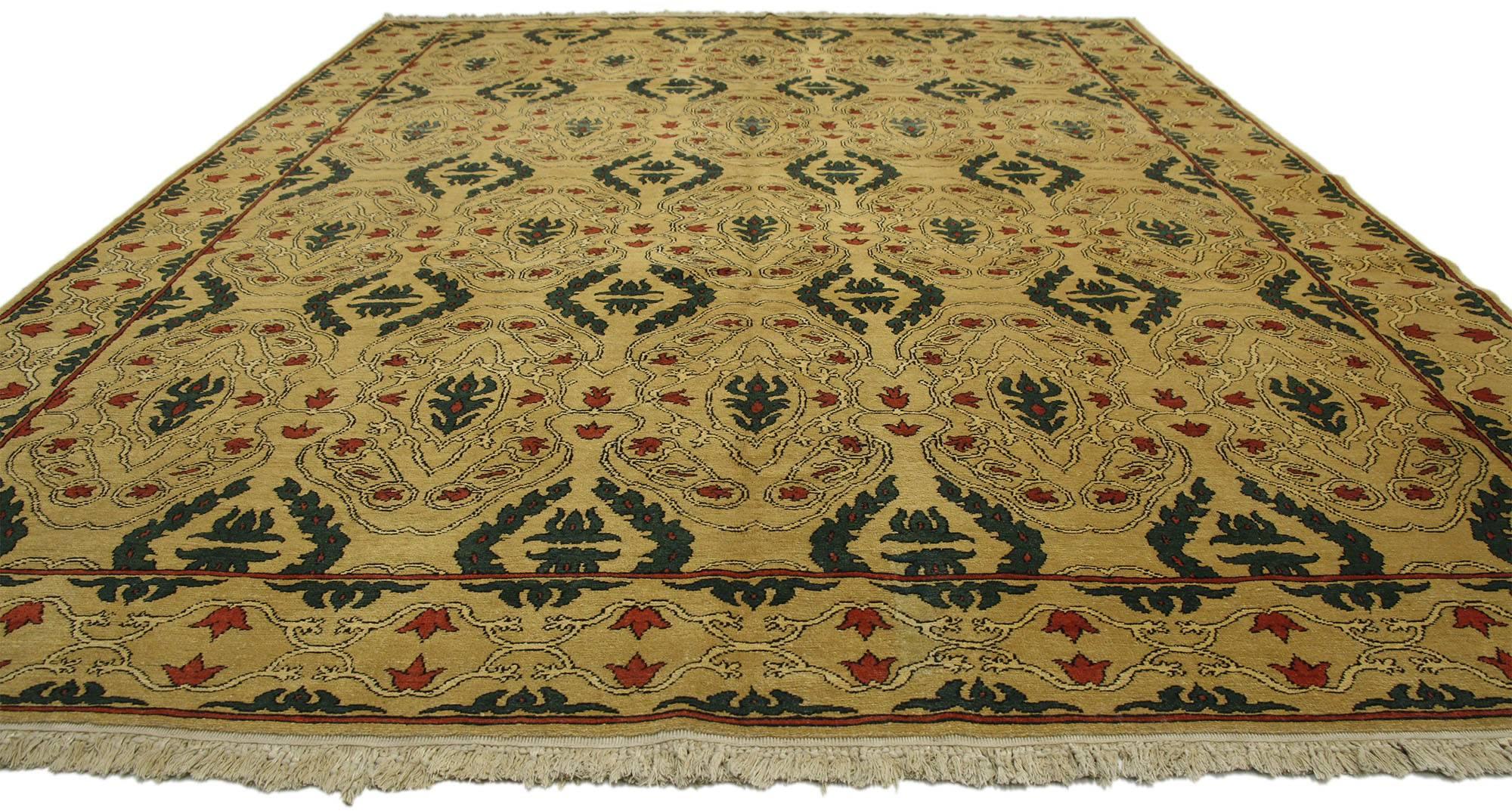 77111 Tappeto Oushak turco vintage con stile barocco moderno 08'09 x 11'11. Questo tappeto Oushak vintage in lana annodato a mano presenta un motivo geometrico ripetuto all-over. La simmetria combinata con un design senza tempo e la tavolozza di