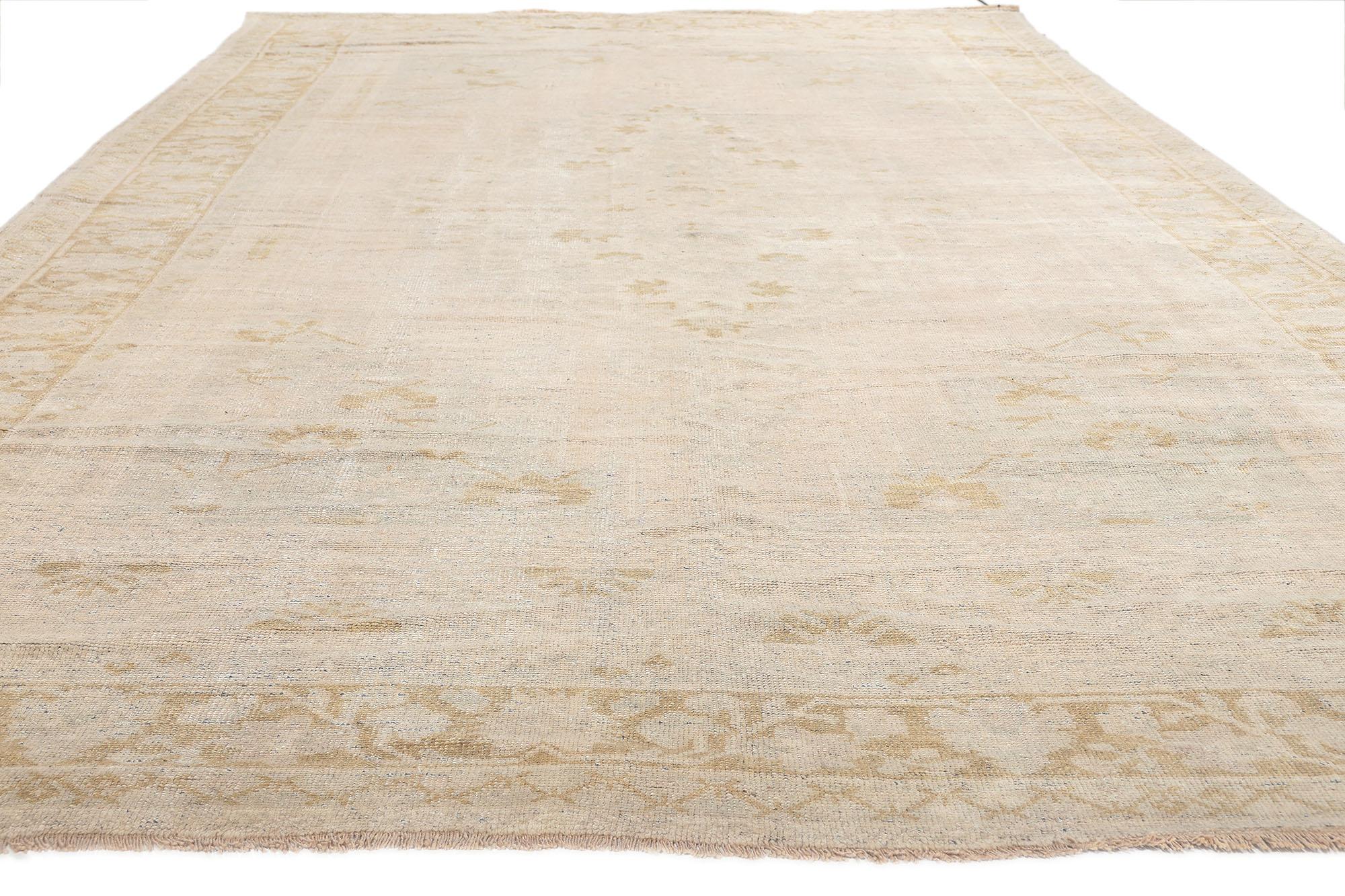 Hand-Knotted Vintage Turkish Oushak Rug, Quiet Sophistication Meets Anatolian Charm For Sale