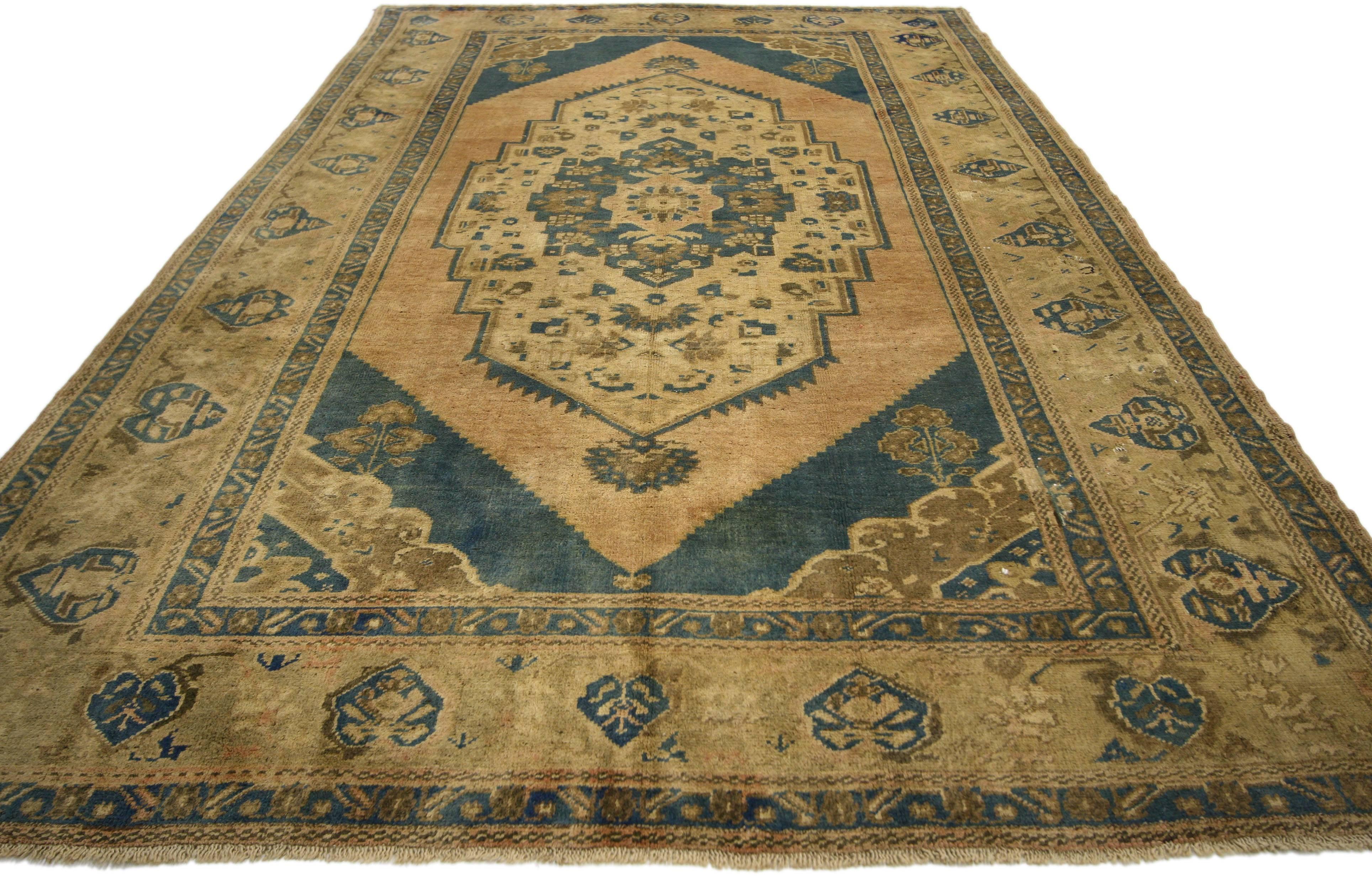 Hand-Knotted Vintage Turkish Oushak Rug with Modern Design and Cerulean Blue Field For Sale