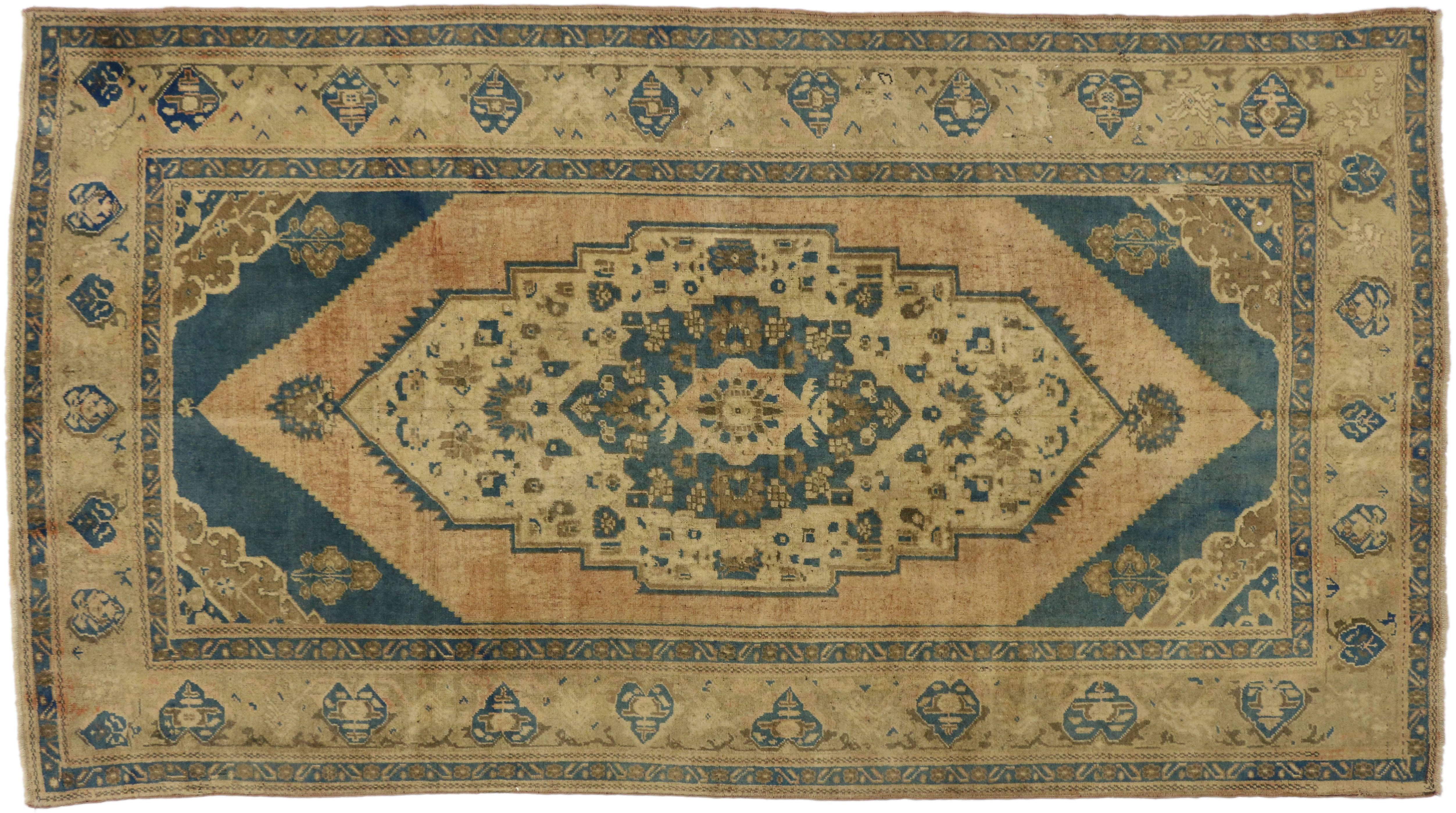 20th Century Vintage Turkish Oushak Rug with Modern Design and Cerulean Blue Field For Sale