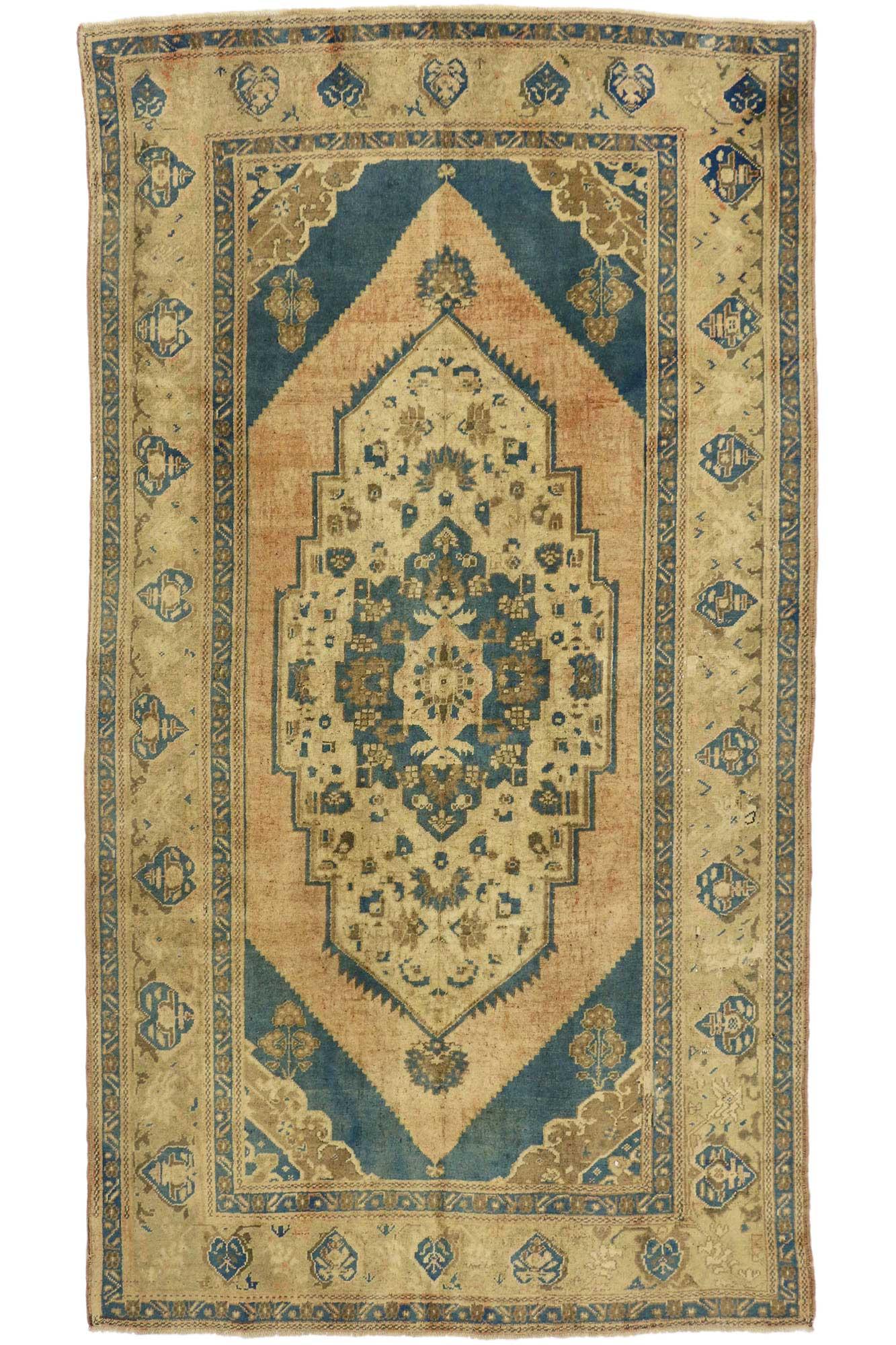 Wool Vintage Turkish Oushak Rug with Modern Design and Cerulean Blue Field For Sale