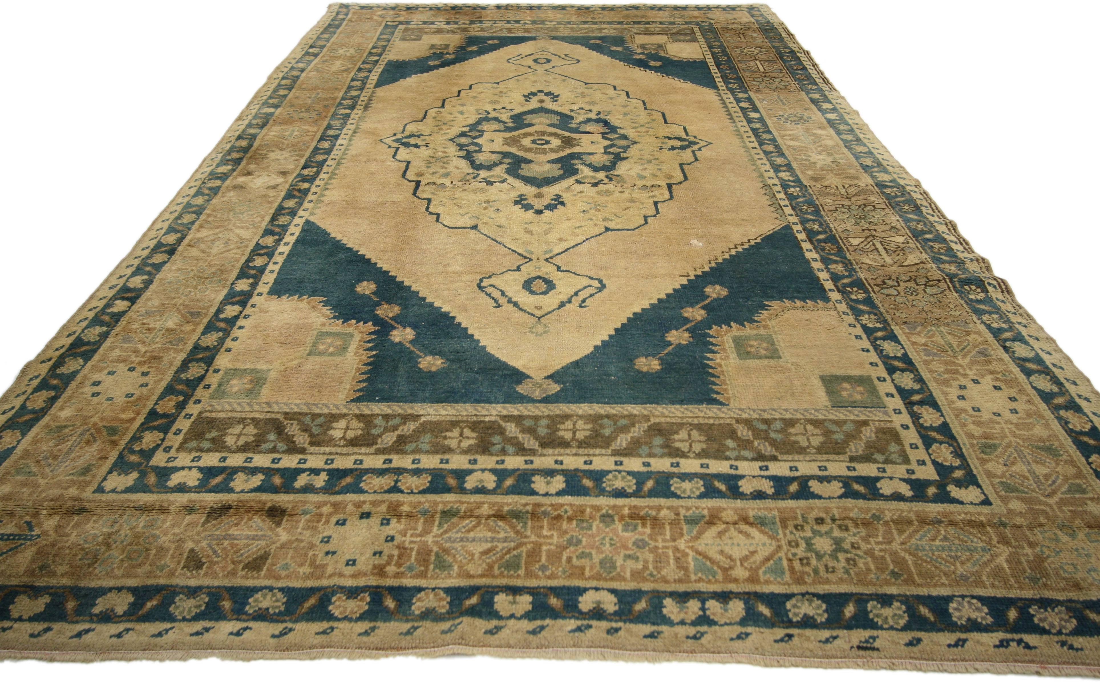 Hand-Knotted Vintage Turkish Oushak Rug with Mid-Century Modern Style For Sale