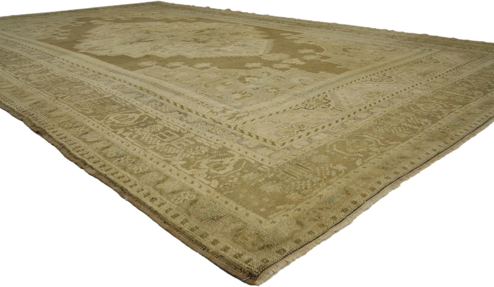 73942 Vintage Turkish Oushak Gallery Rug with Modern Shaker Style 07'03 x 12'05. Emanating sophistication and grace with warm, neutral colors, this hand knotted wool contemporary Turkish Oushak gallery rug beautifully embodies a modern Shaker style.