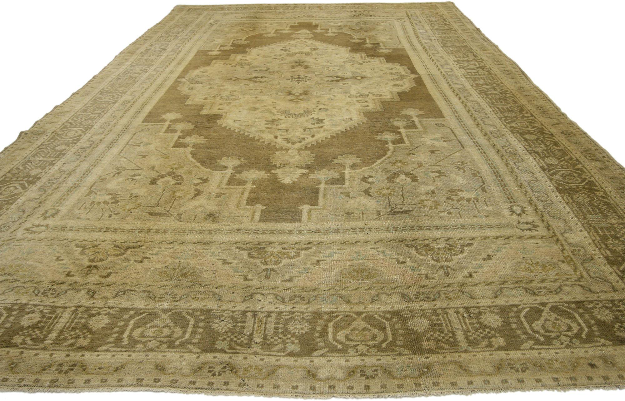 Hand-Knotted Vintage Turkish Oushak Rug with Modern Design in Neutral Colors For Sale