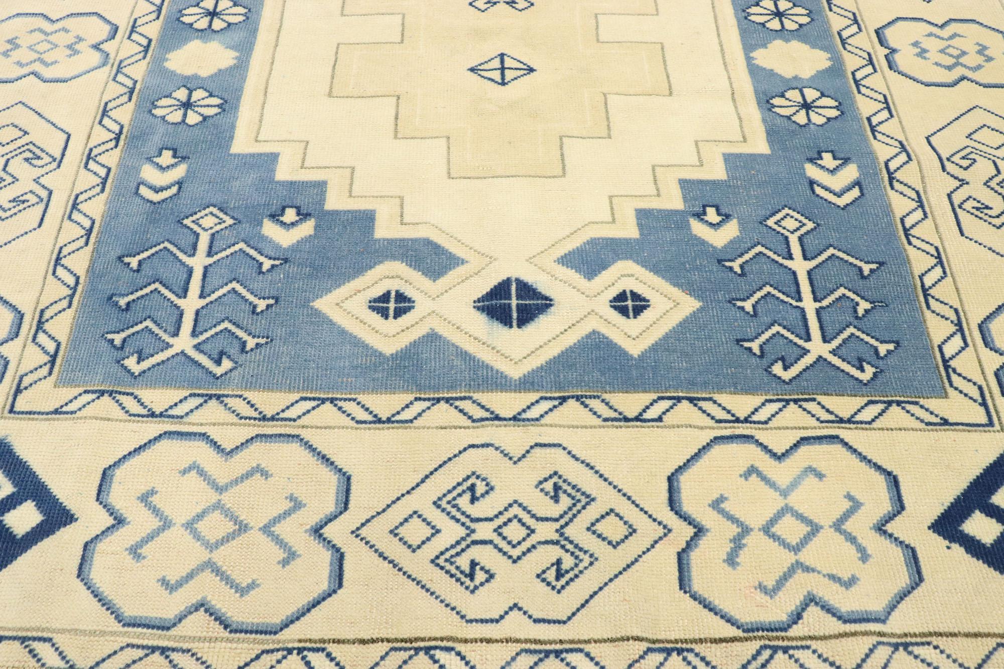 Hand-Knotted Vintage Blue Turkish Oushak Rug with French Coastal Style For Sale