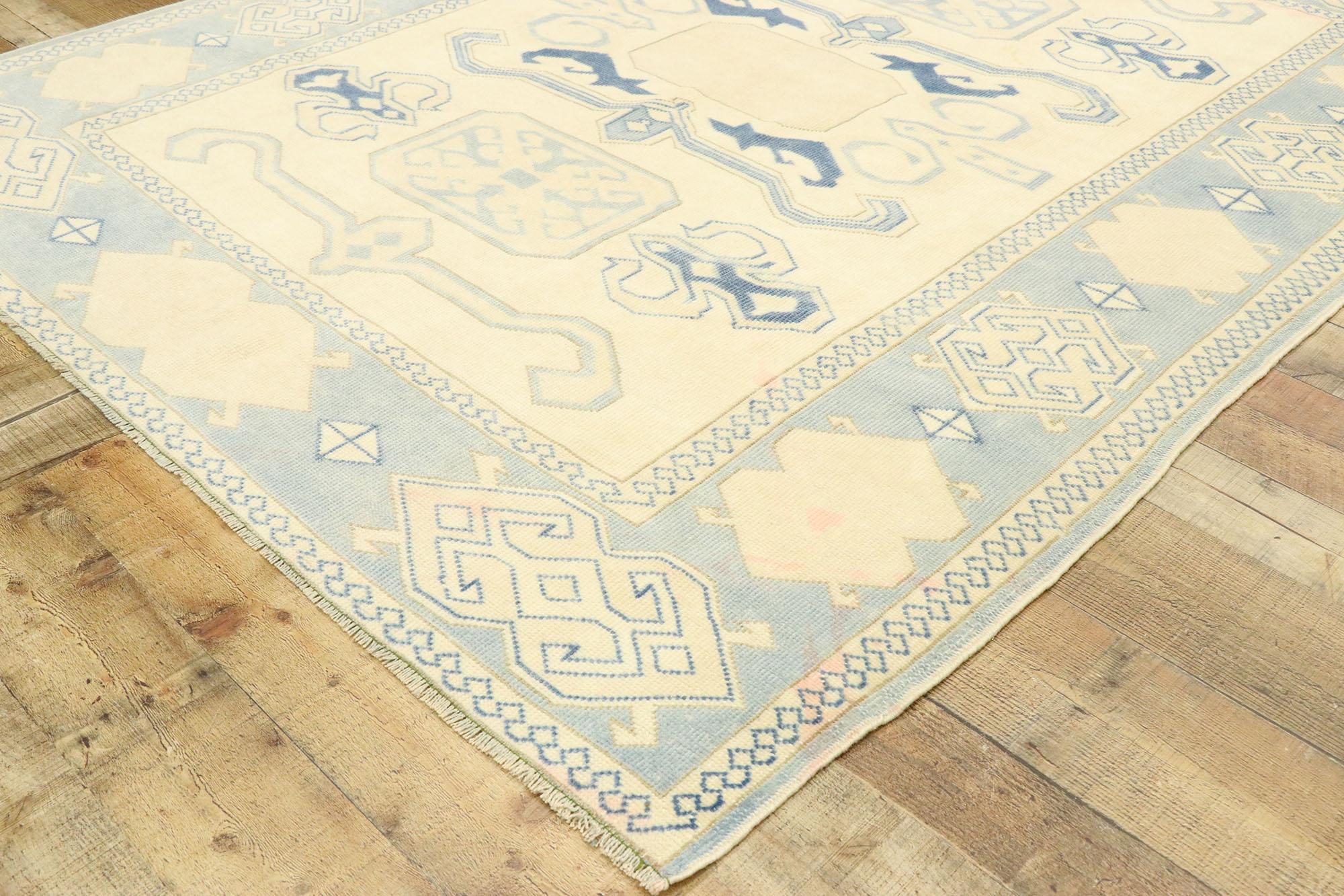 Hand-Knotted Vintage Turkish Oushak Rug with Modern French Coastal Style For Sale