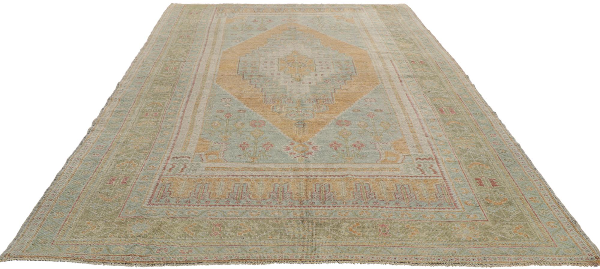 Hand-Knotted Vintage Turkish Oushak Rug Soft Earth-Tone Colors