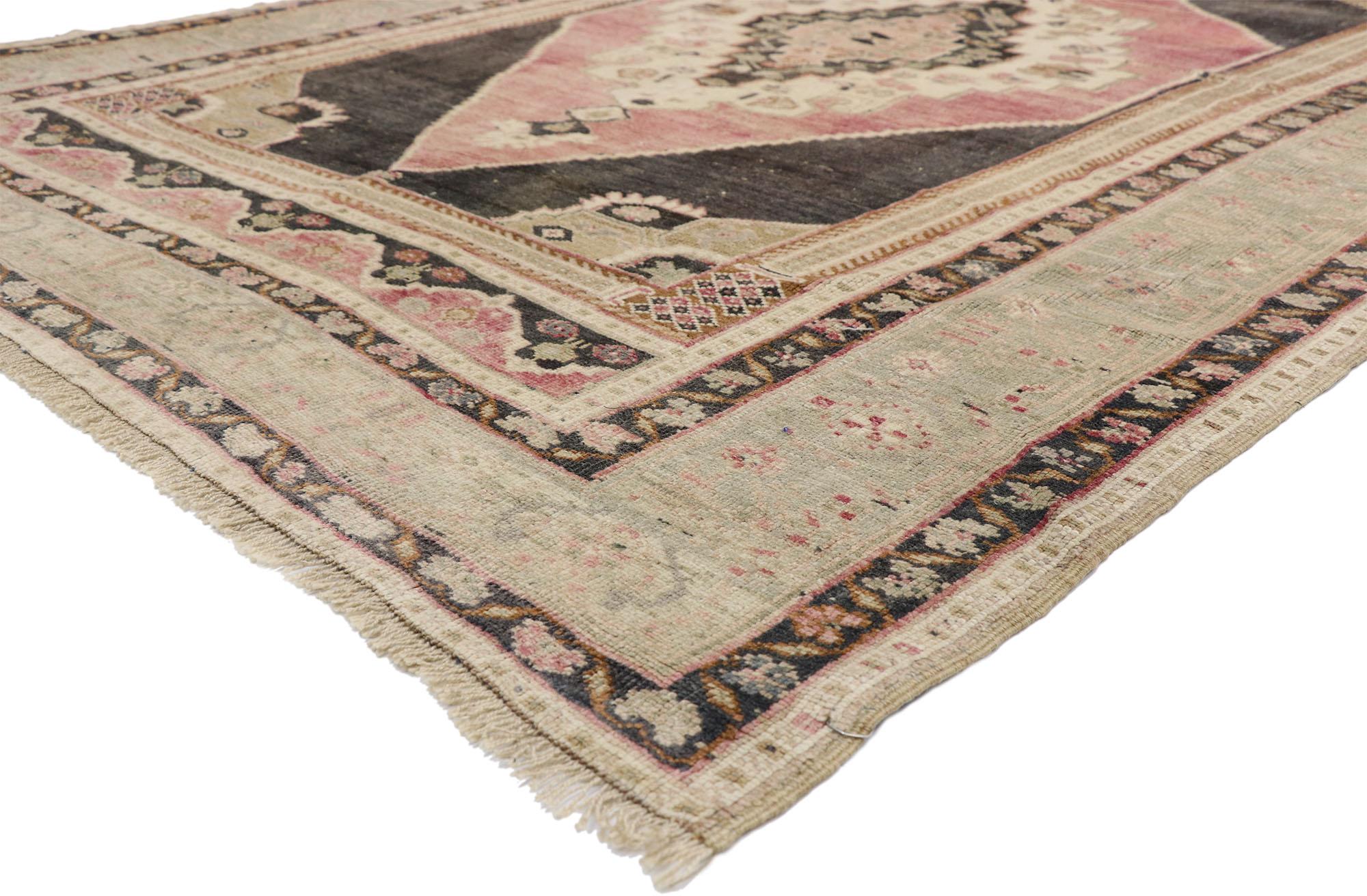 52549, vintage Turkish Oushak rug with Modern Industrial and Amish style. In this hand knotted wool vintage Turkish Oushak rug, we bare witness to the successful application of design principles touted by a Modern Amish style. A series of concentric