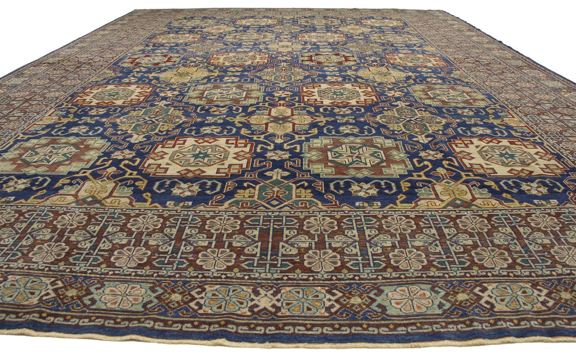 77122, vintage Turkish Oushak rug with modern Luxe style and bold Art Deco design. Combining hard angles, a bold geometric pattern, and symmetry, this hand-knotted wool vintage Turkish Oushak rug embodies true Art Deco Period Style. It features