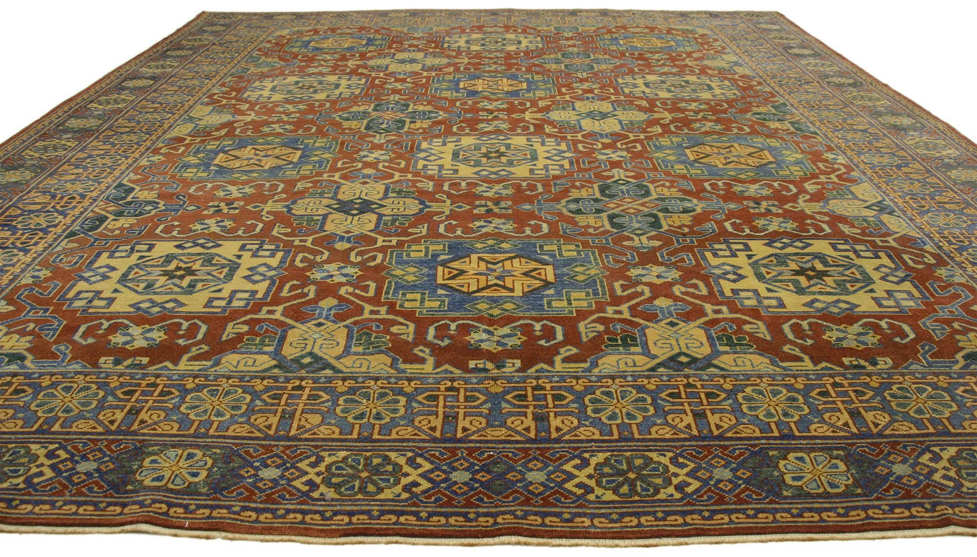 77113 vintage Turkish Oushak rug with modern Luxe style and bold art deco design. Combining hard angles, a bold geometric pattern, and symmetry, this hand knotted wool vintage Turkish Oushak rug embodies true Art Deco Period Style. It features