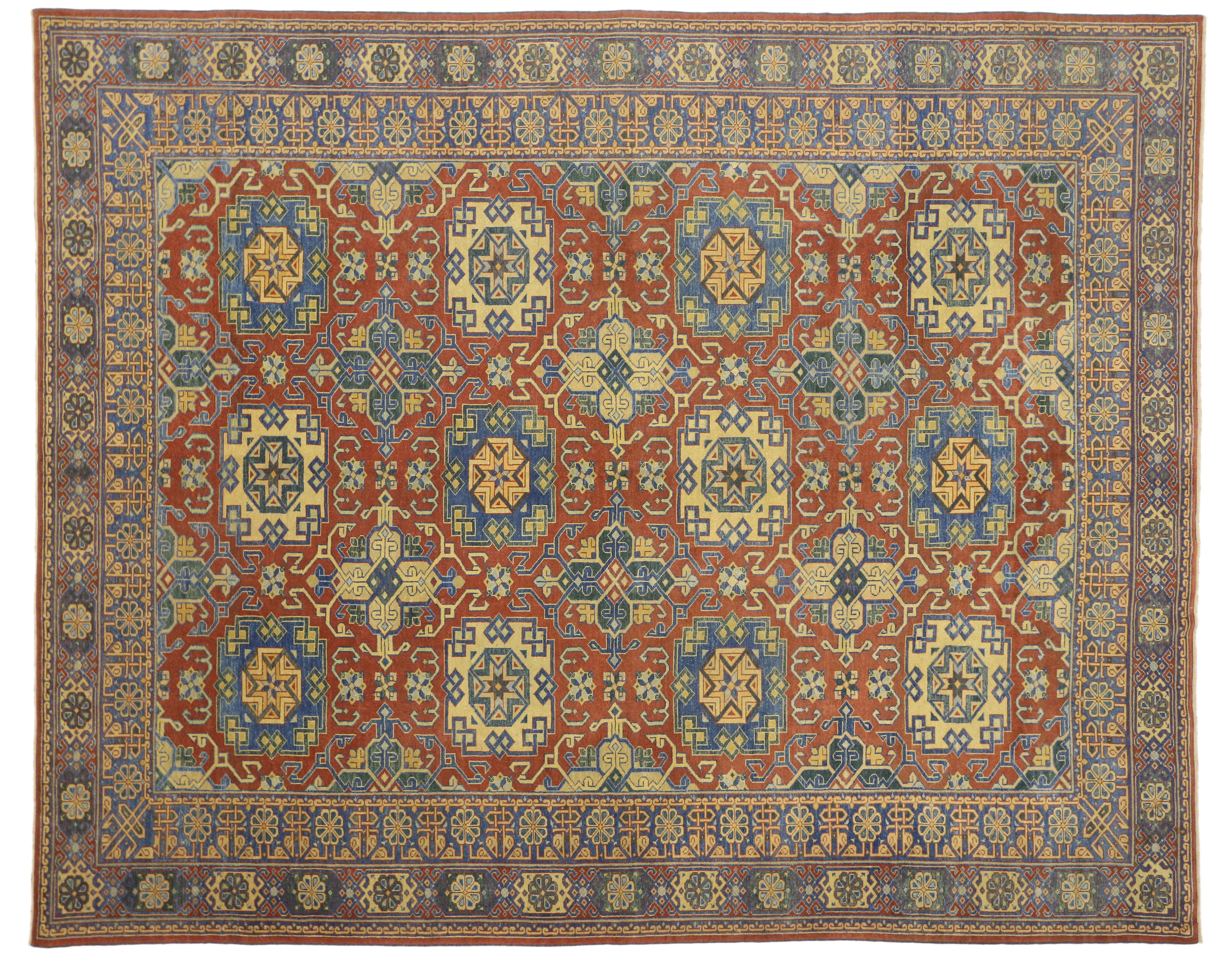 Hand-Knotted Vintage Turkish Oushak Rug with Modern Luxe Style and Bold Art Deco Design For Sale