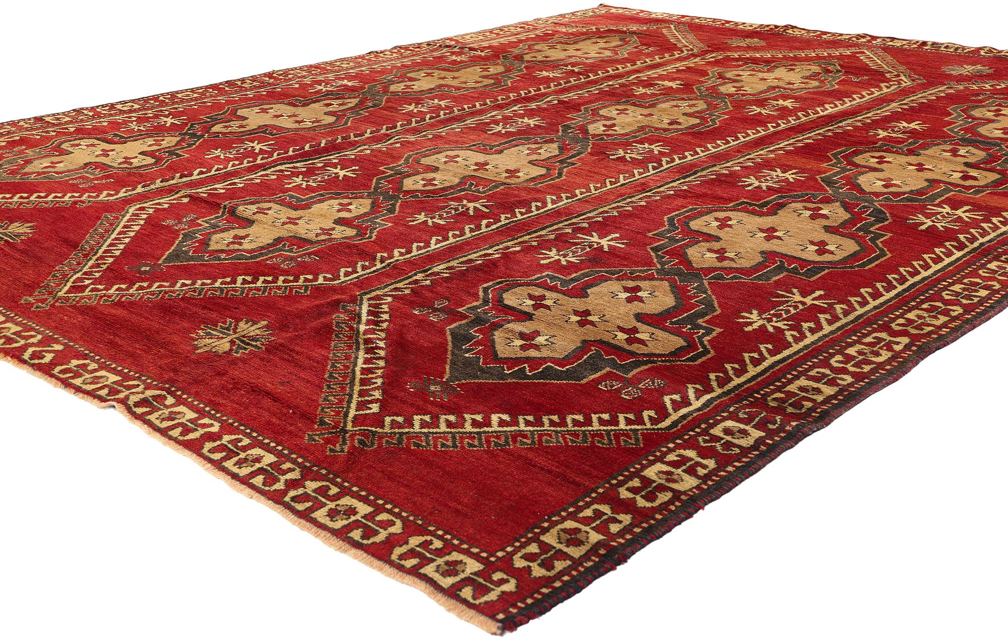51442 Vintage Turkish Oushak Rug, 08'02 x 10'04. A radiant expression of Anatolian artistry, this hand-knotted wool vintage Turkish Oushak rug captivates with its bold geometric elegance and regal color palette. The luminous red field is adorned