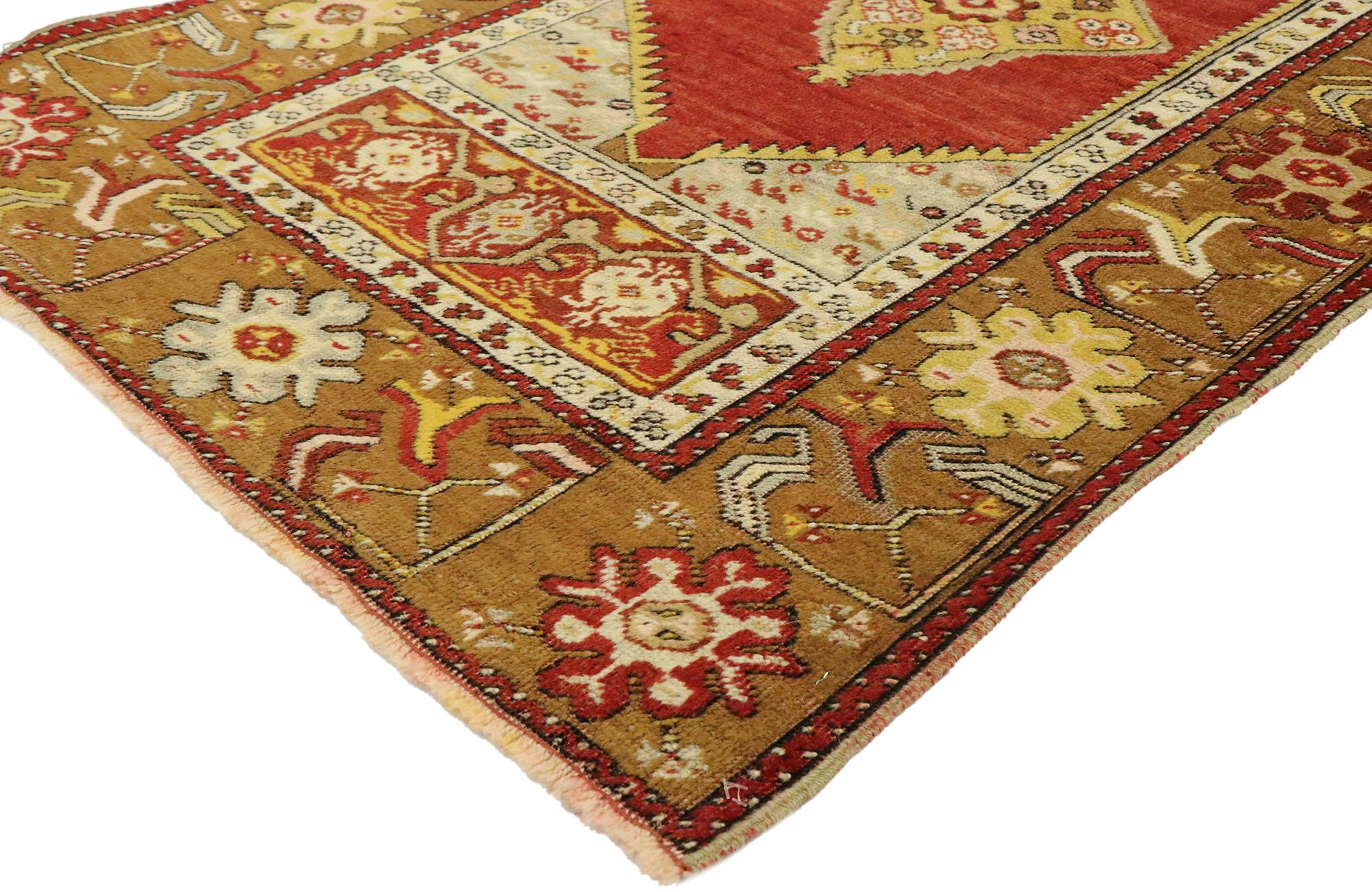 73868, vintage Turkish Oushak rug with modern northwestern style 03'00 x 05'02. With its luminous warm hues and beguiling beauty, this hand knotted wool vintage Turkish Oushak rug is immersed in Anatolian history. The abrashed red cut-out field