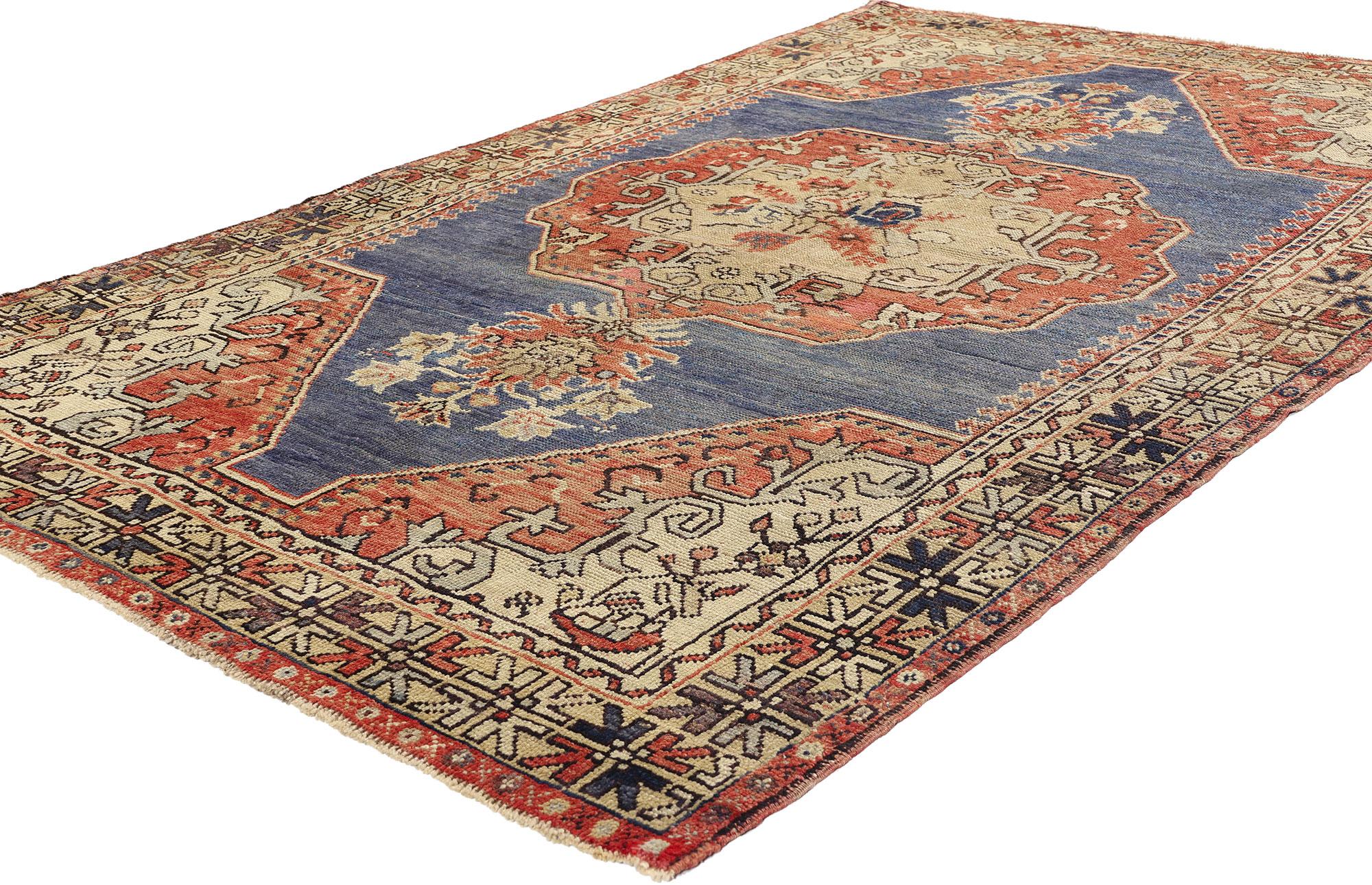 52256 Vintage Blue Turkish Oushak Rug, 04’07 x 07’06. Combining elements of Modern Rustic style with a sense of relaxed refinement, this hand-knotted wool vintage Turkish Oushak rug exudes a timeless charm. Against a backdrop of richly striated blue