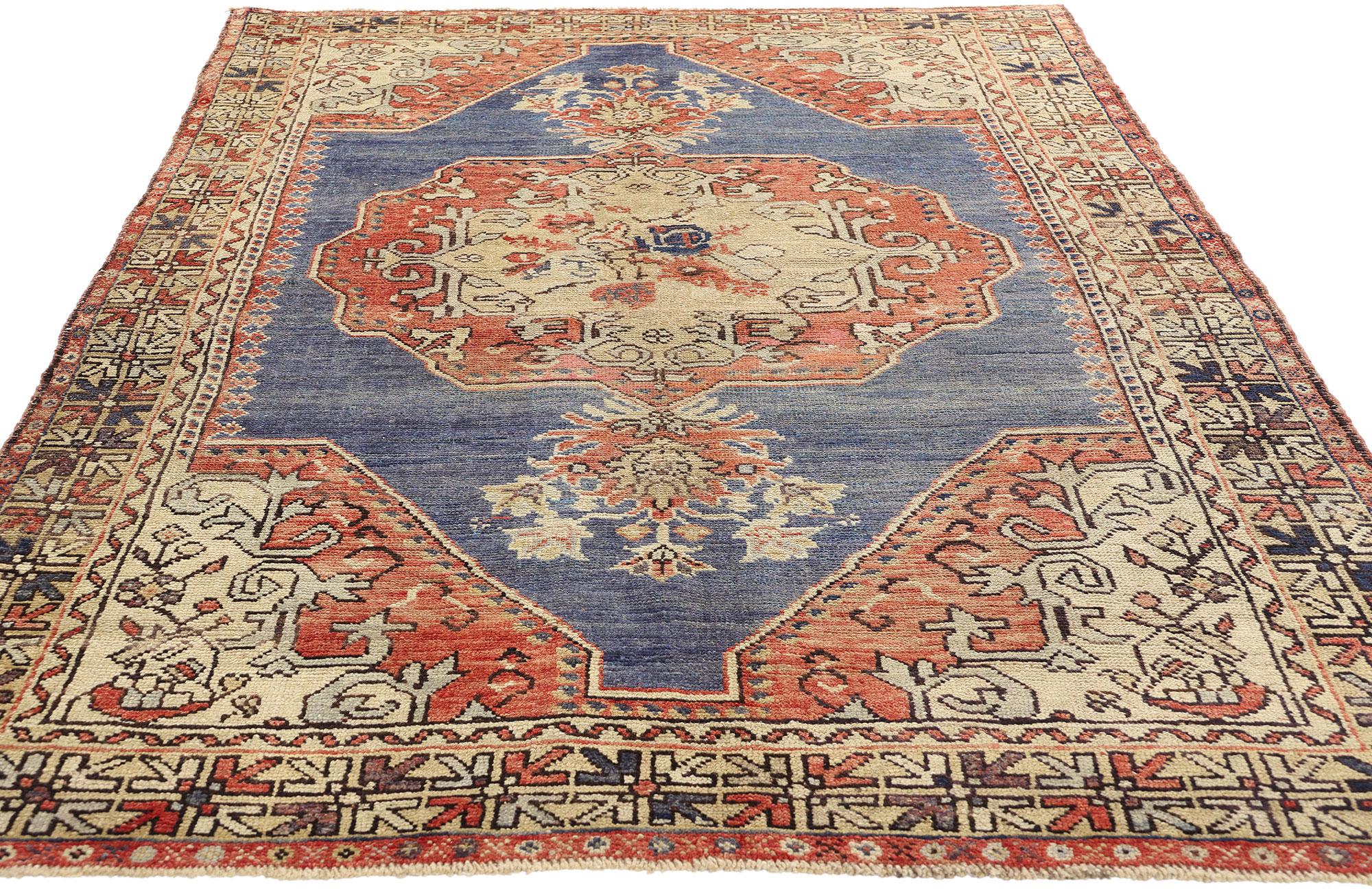 Hand-Knotted Vintage Blue Turkish Oushak Carpet For Sale