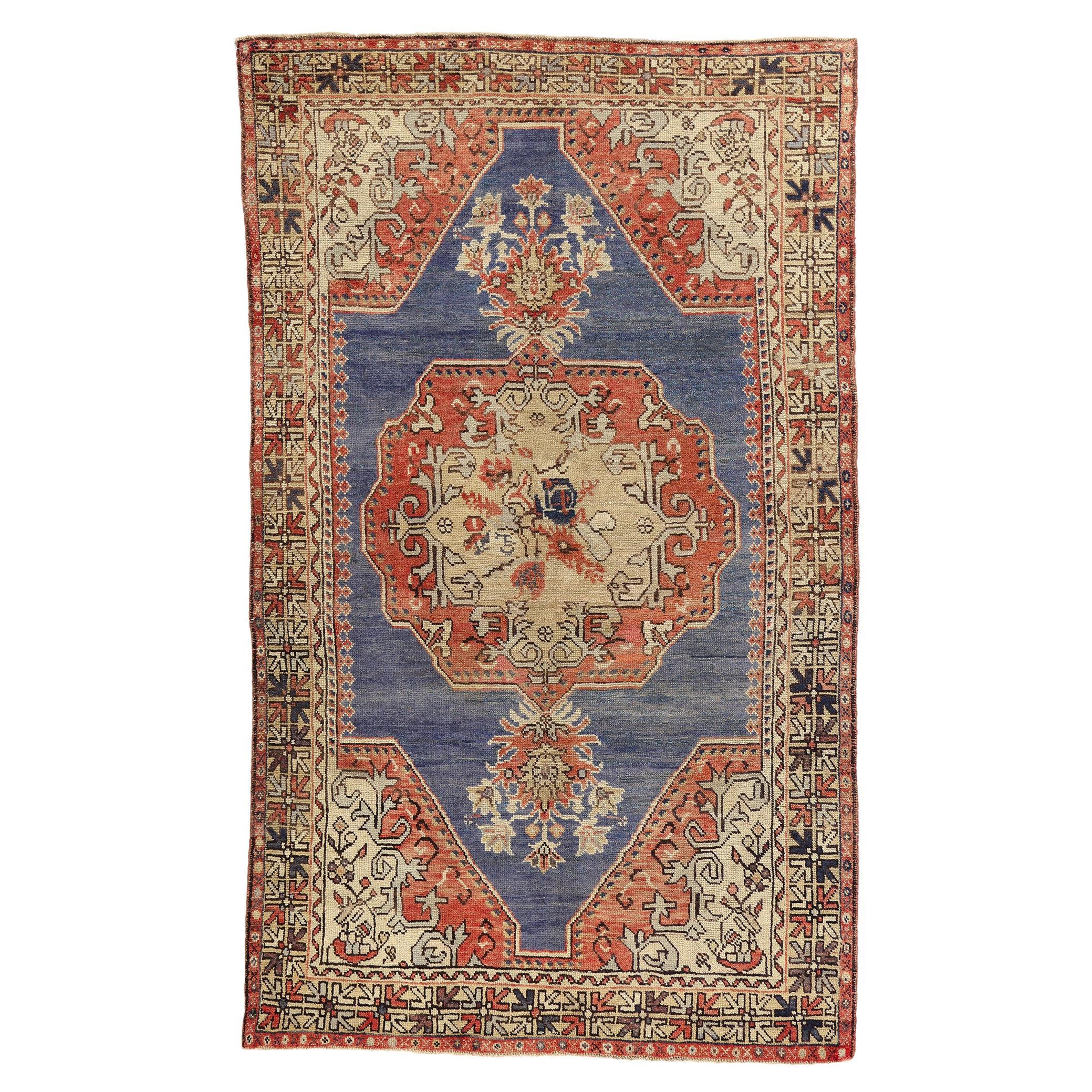 Vintage Blue Turkish Oushak Carpet For Sale