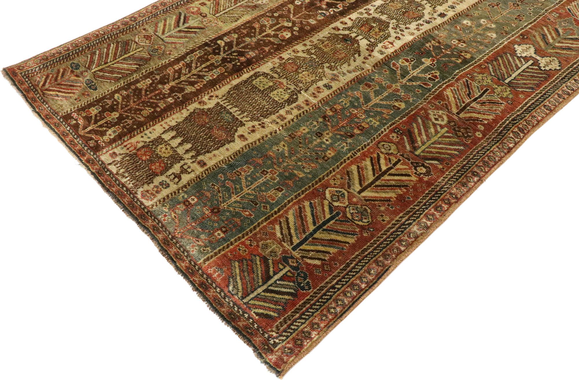53089, vintage Turkish Oushak rug with Modern rustic tribal style. Imbued with charm and earthy-inspired colors, this hand-knotted wool vintage Turkish Oushak rug balances traditional sensibility and tribal style. The abrashed composition features