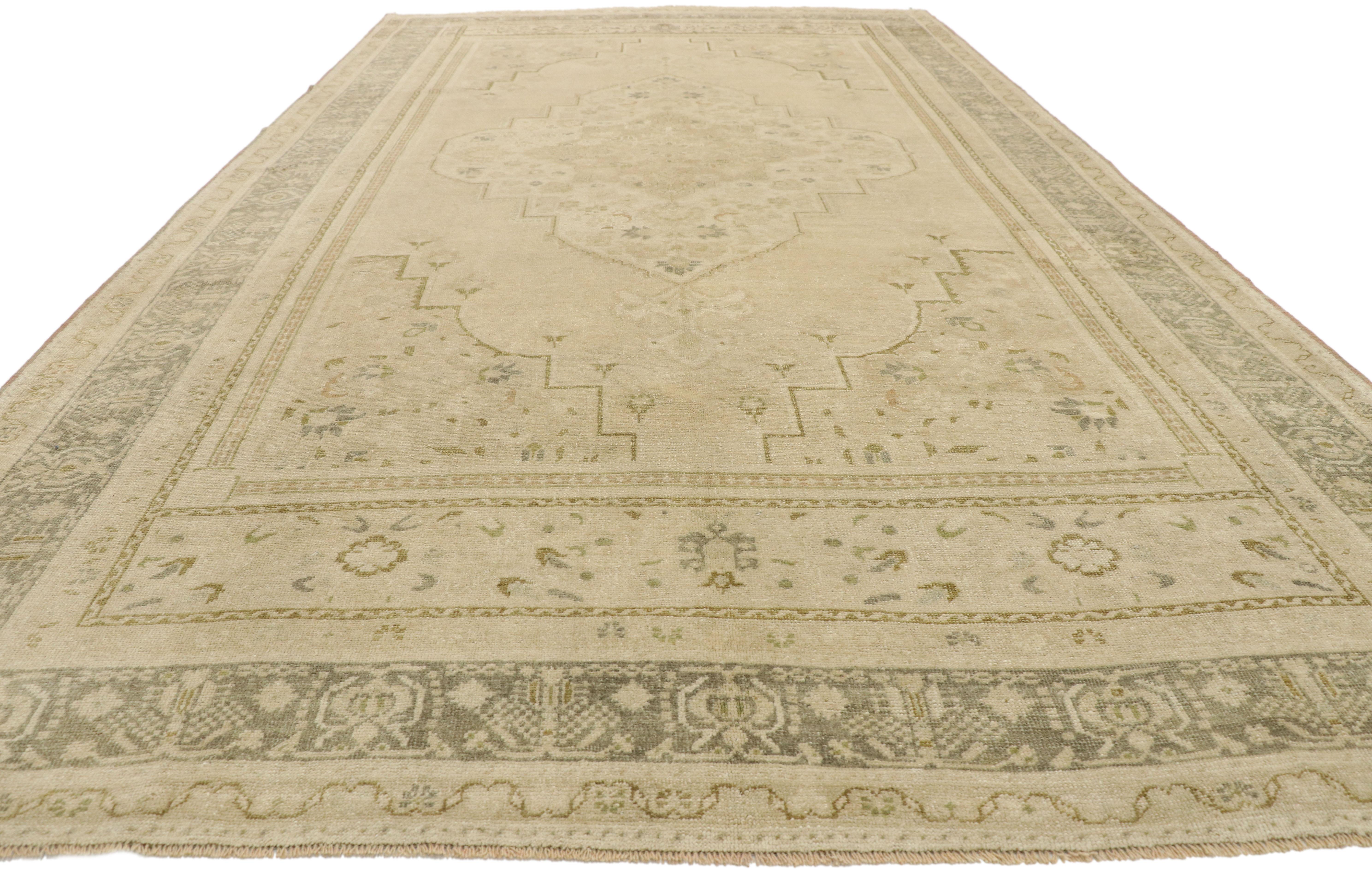 Hand-Knotted Muted Vintage Turkish Oushak Rug, Easygoing Elegance Meets Effortlessly Chic For Sale