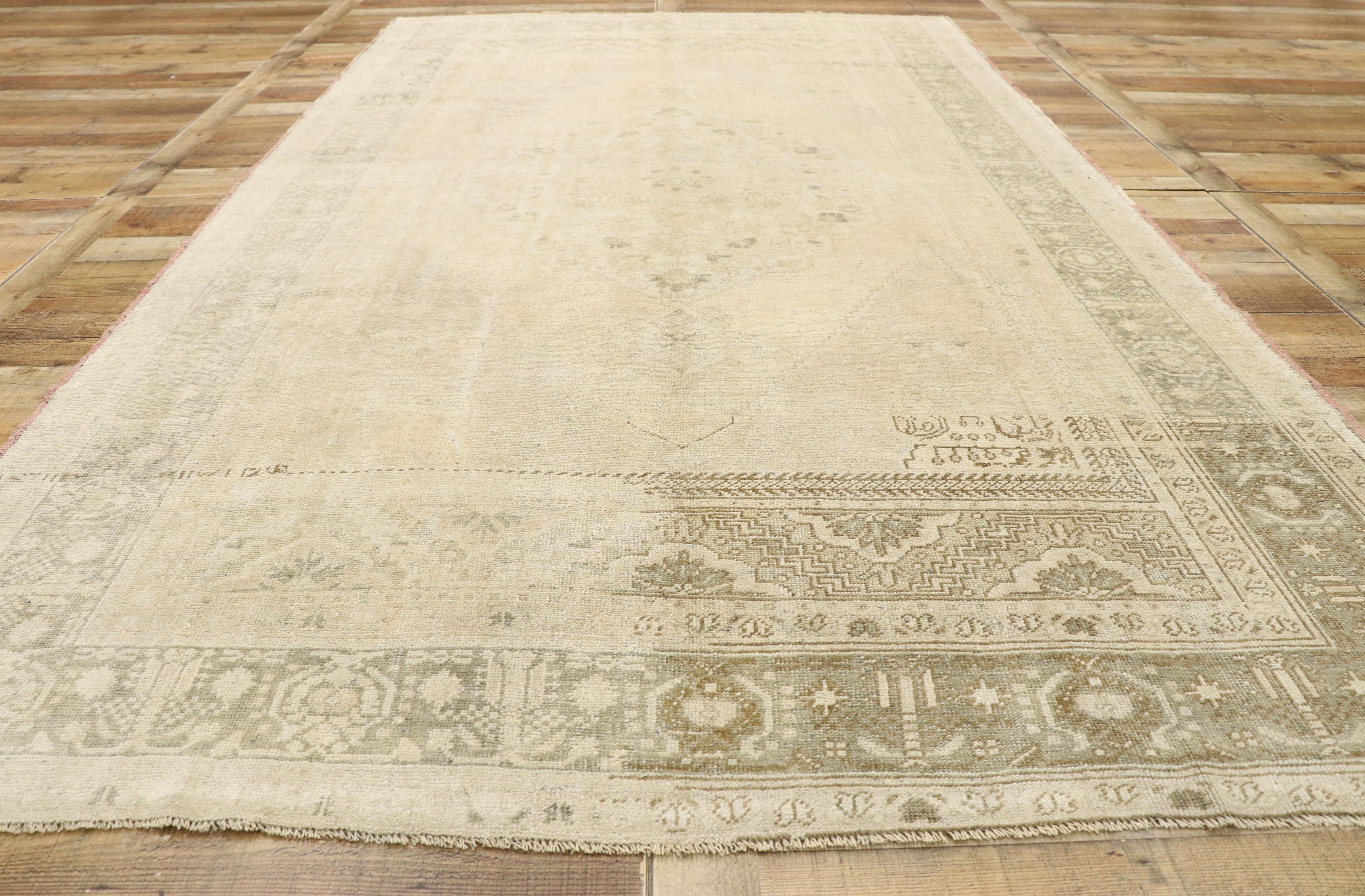 Wool Muted Vintage Turkish Oushak Rug, Cozy Simplicity Meets Earth-Tone Elegance For Sale