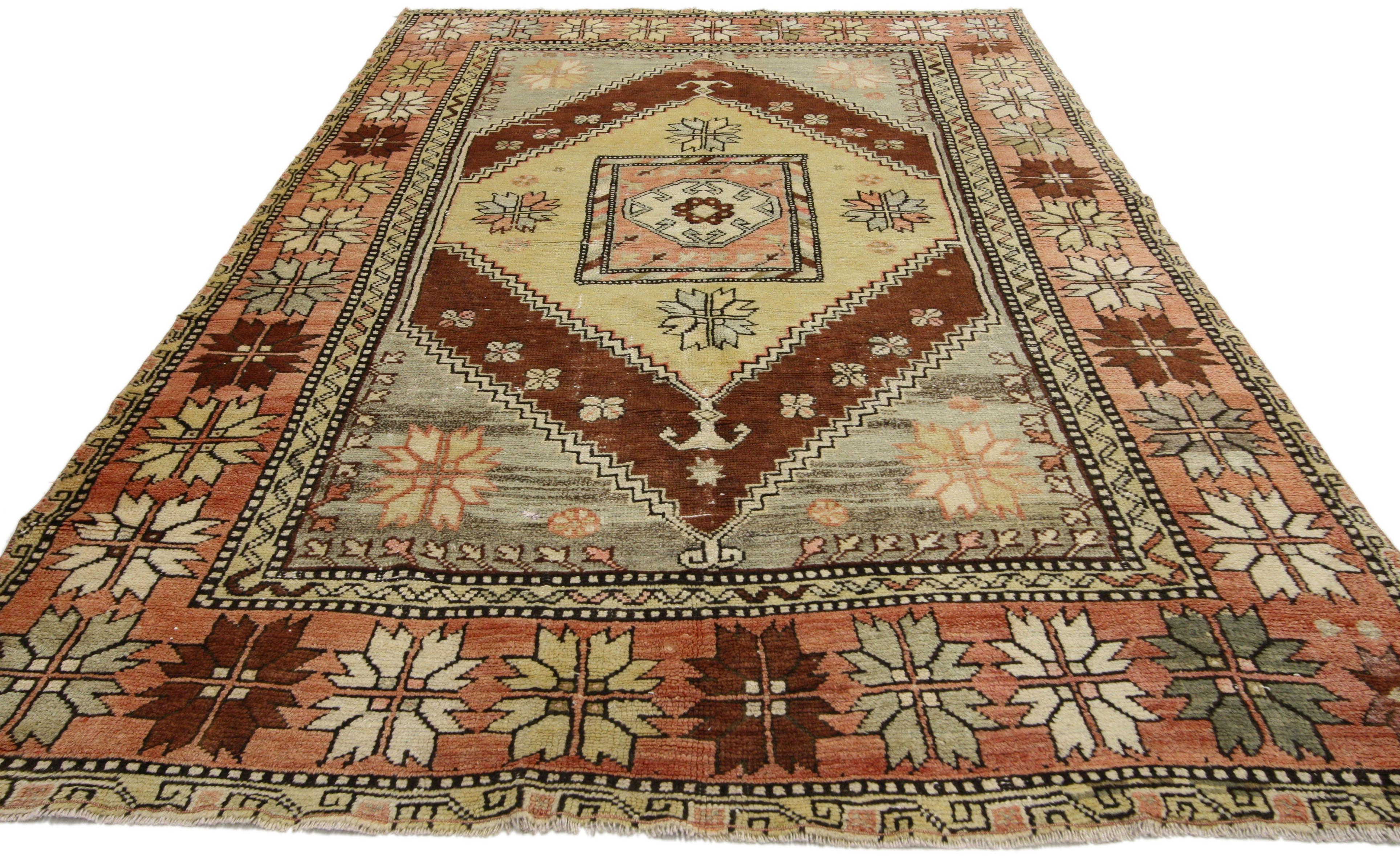 52292, vintage Turkish Oushak rug with modern style, Entry or Foyer rug. This hand-knotted wool vintage Turkish Oushak rug with modern style features a square medallion filled with an amulet dotted by eight-point flowers in a cut-out field with