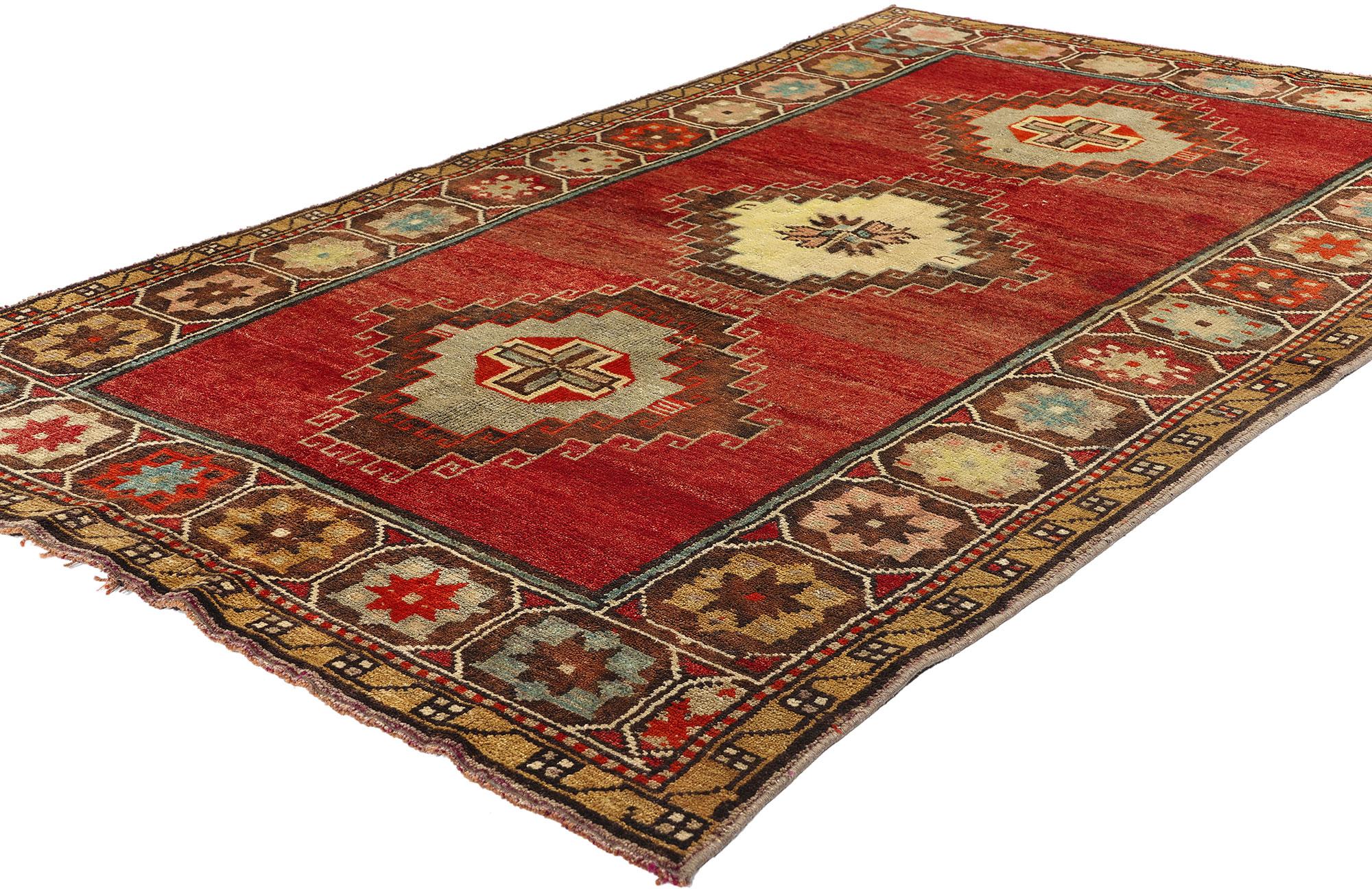 52293 Vintage Turkish Oushak Rug, 04'03 x 06'10. Turkish Oushak rugs, originating from the Western region of Oushak in Turkey, are renowned for their intricate designs, serene color palettes, and luxurious wool materials. Dating back to the Ottoman