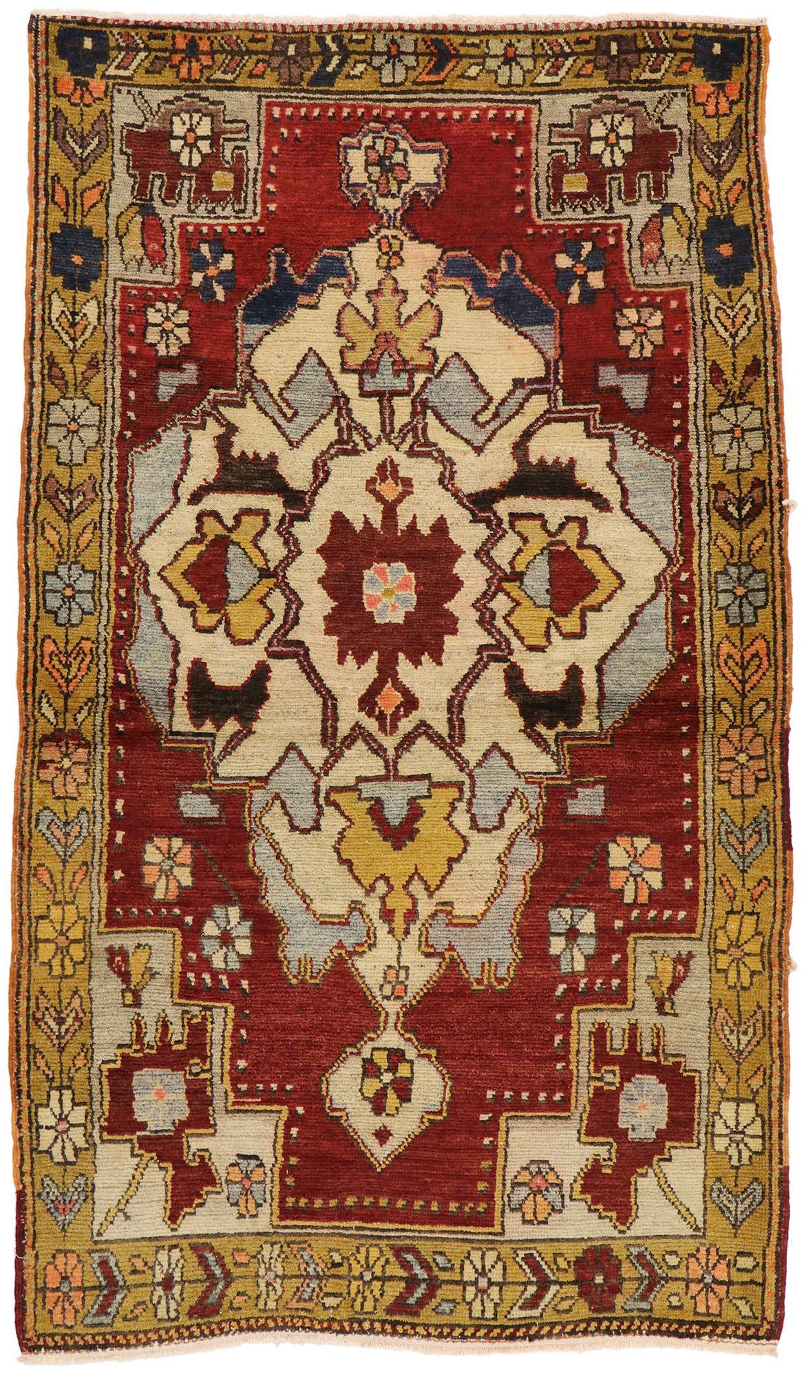 50241 Vintage Turkish Oushak Accent Rug with English Tudor Manor House Style 03'07 x 06'01. Balancing English charm and timeless design with refined colors, this hand-knotted wool vintage Turkish Oushak rug is poised to impress. The abrashed dark