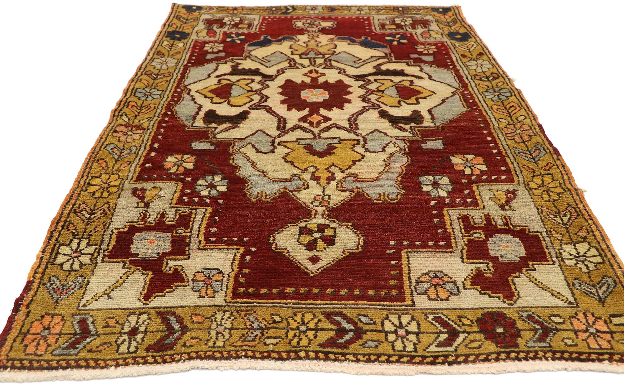 Vintage Turkish Oushak Accent Rug with English Tudor Manor House Style In Good Condition For Sale In Dallas, TX