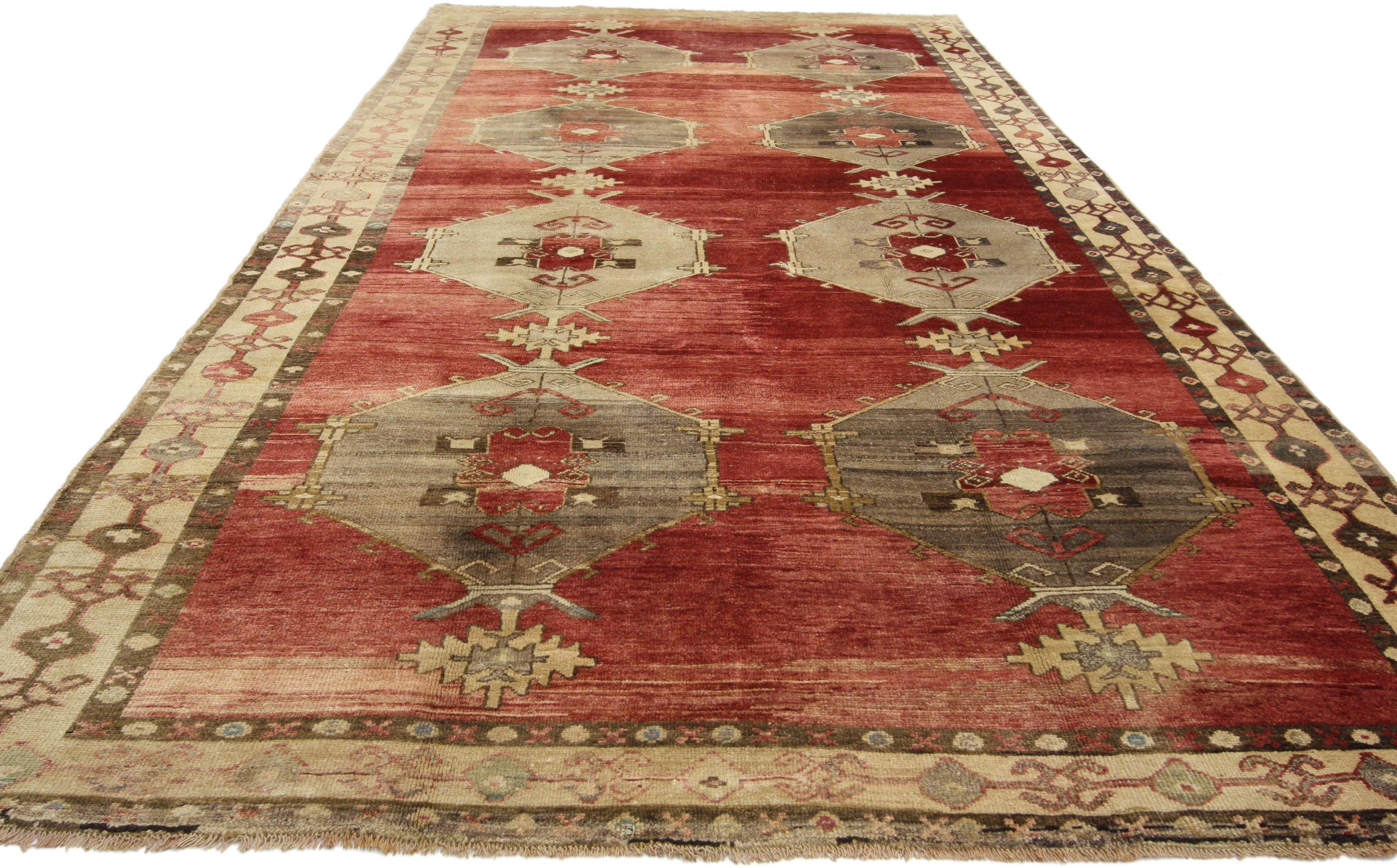Hand-Knotted Mid-Century Modern Style Vintage Turkish Oushak Gallery Rug, Wide Hallway Runner For Sale