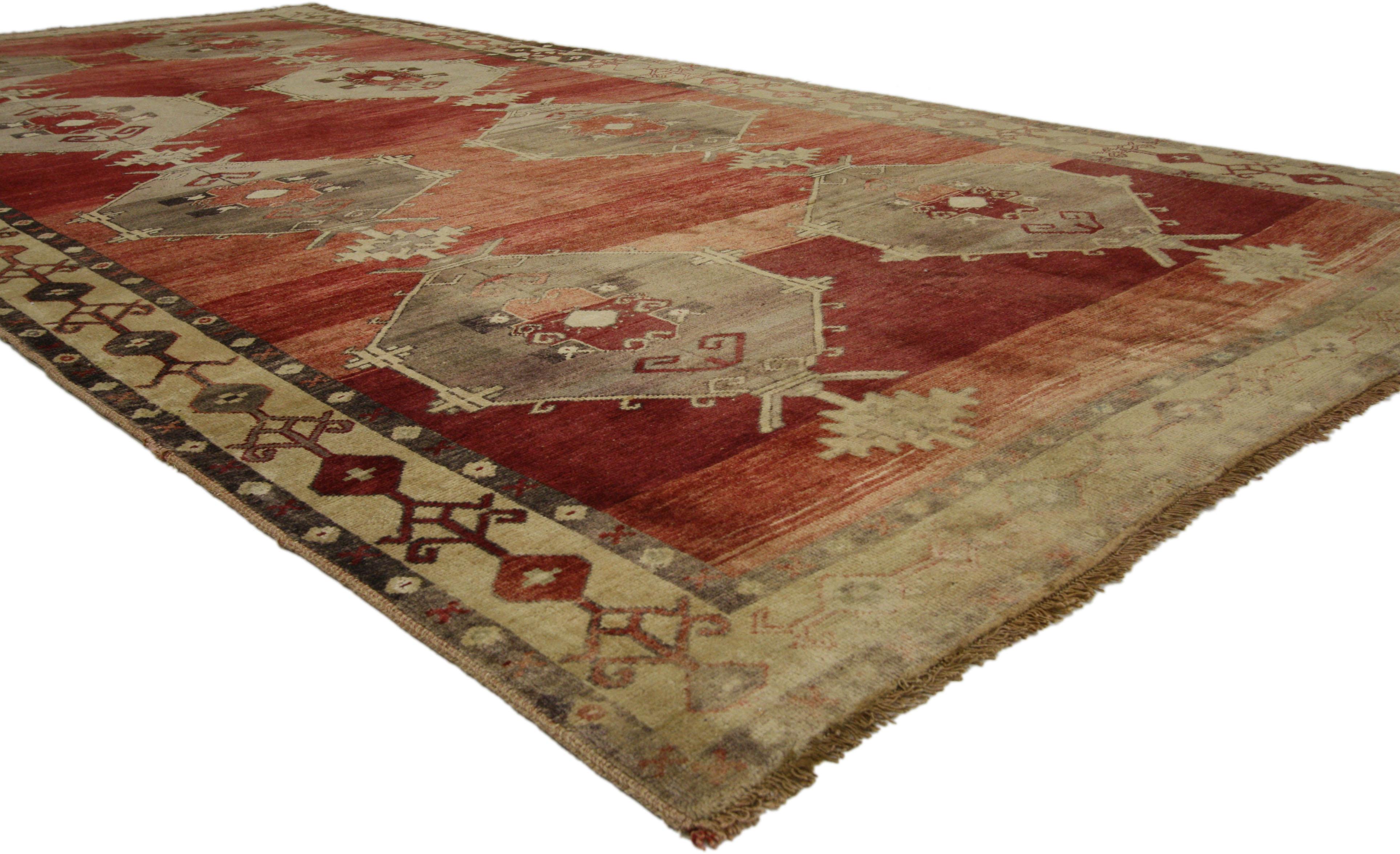 51445 Mid-Century Modern Style Vintage Turkish Oushak Gallery Rug, Wide Hallway Runner. Warm and inviting combined with the right amount of Mid-Century Modern style and tribal elements, this hand-knotted wool vintage Turkish Oushak gallery rug