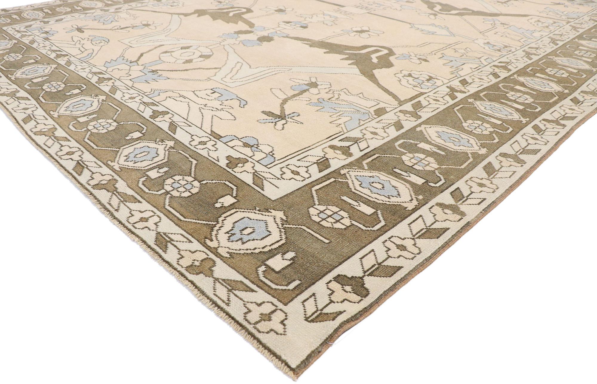 53485, vintage Turkish Oushak rug with modern style in neutral colors. Warm and inviting, this hand-knotted wool vintage Turkish Oushak rug is an amalgam of modern style and the very definition of celebrated and spirited high end art. Rectilinear