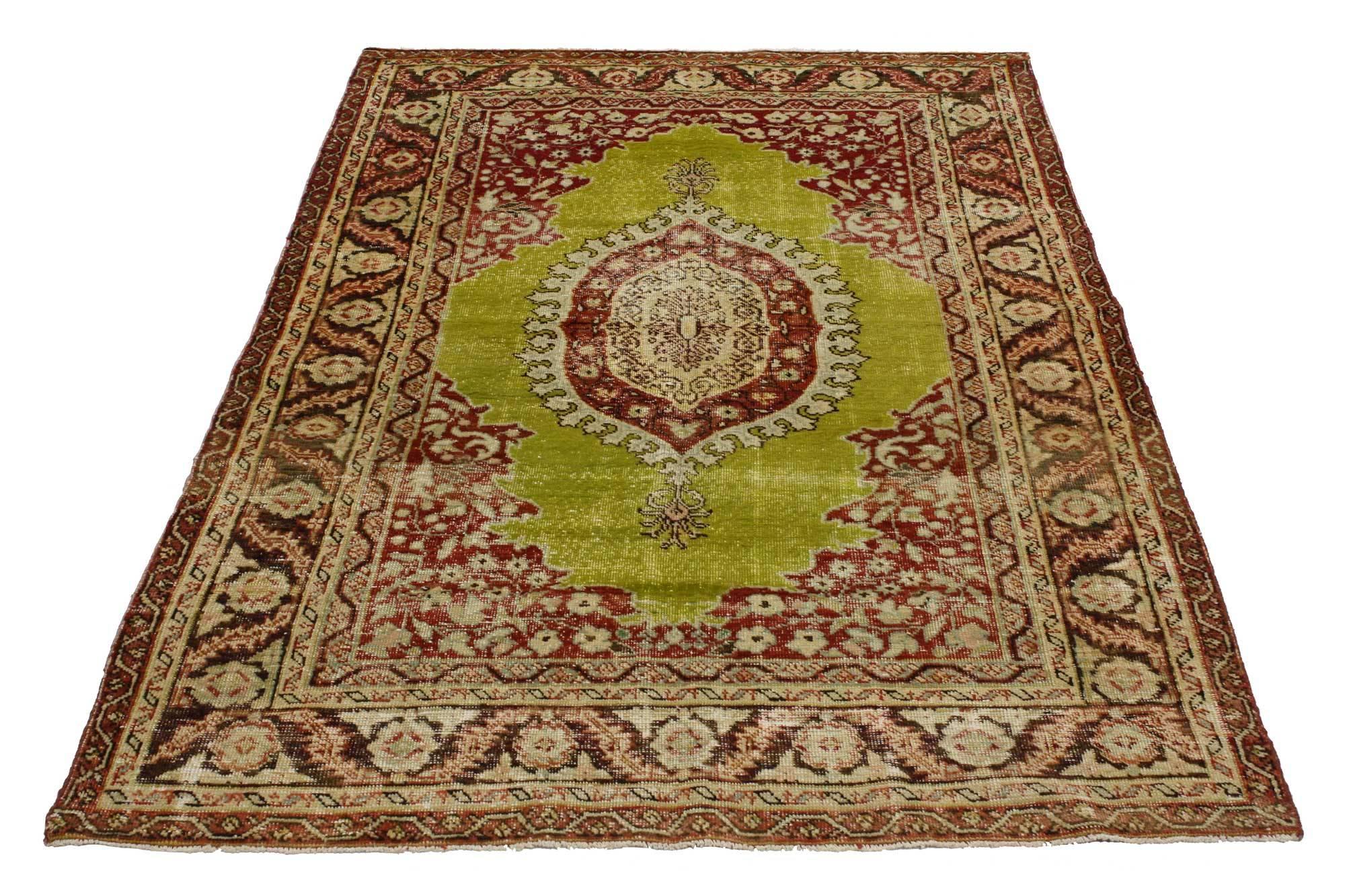 51698, Vintage Turkish Oushak Rug with Modern Traditional Style, Entry or Foyer Rug, 03'06 x 05'03. This hand-knotted wool opulent vintage Turkish Oushak rug features a large central cusped medallion in brick red and beige in an open and abrashed