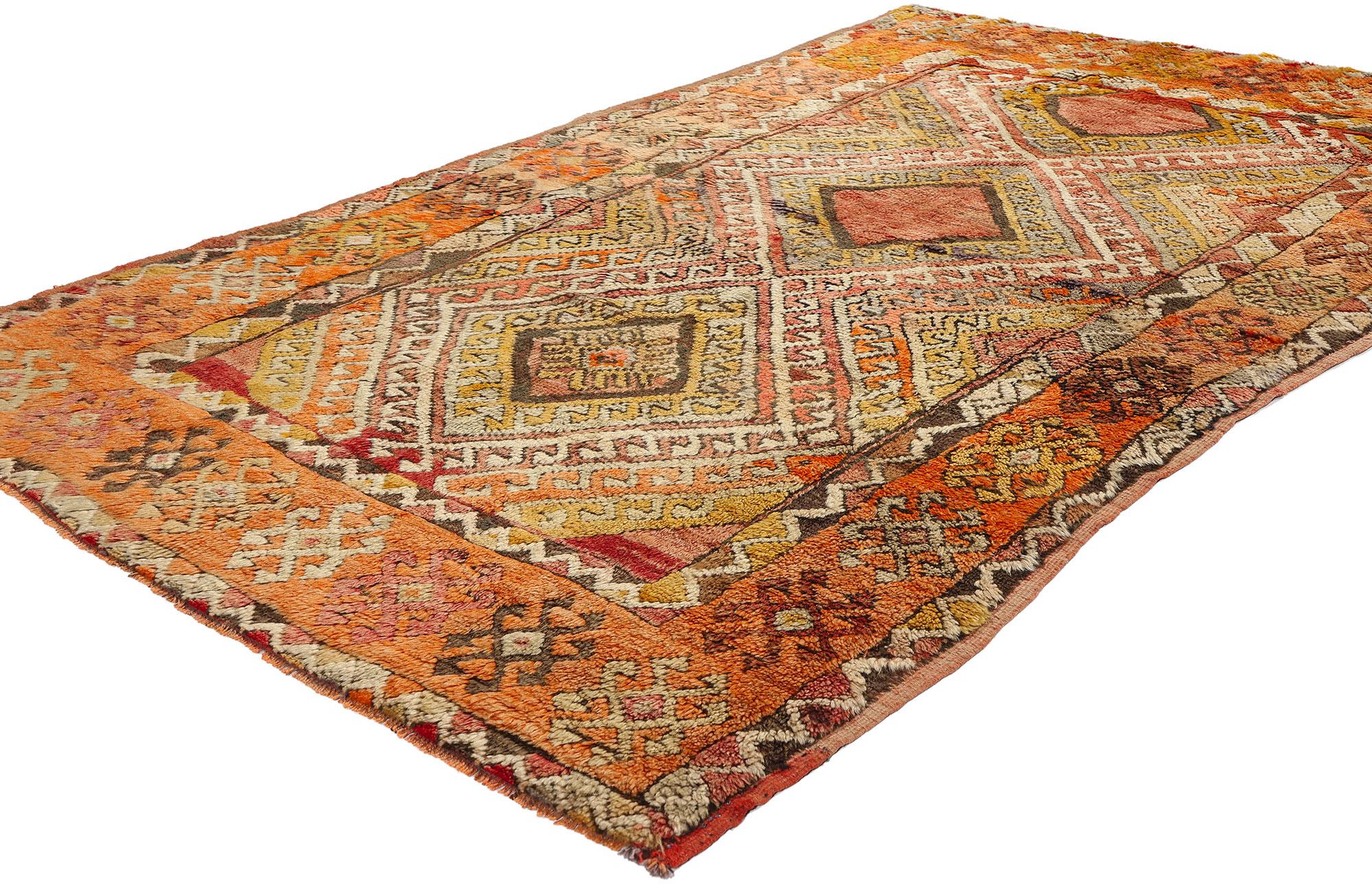 52300 Vintage Turkish Oushak Rug, 04'01 x 07'00. Turkish tribal Oushak rugs with latch hook lozenge medallions originate from the historic rug-making center of Oushak in western Turkey and are renowned for their distinctive designs and vibrant