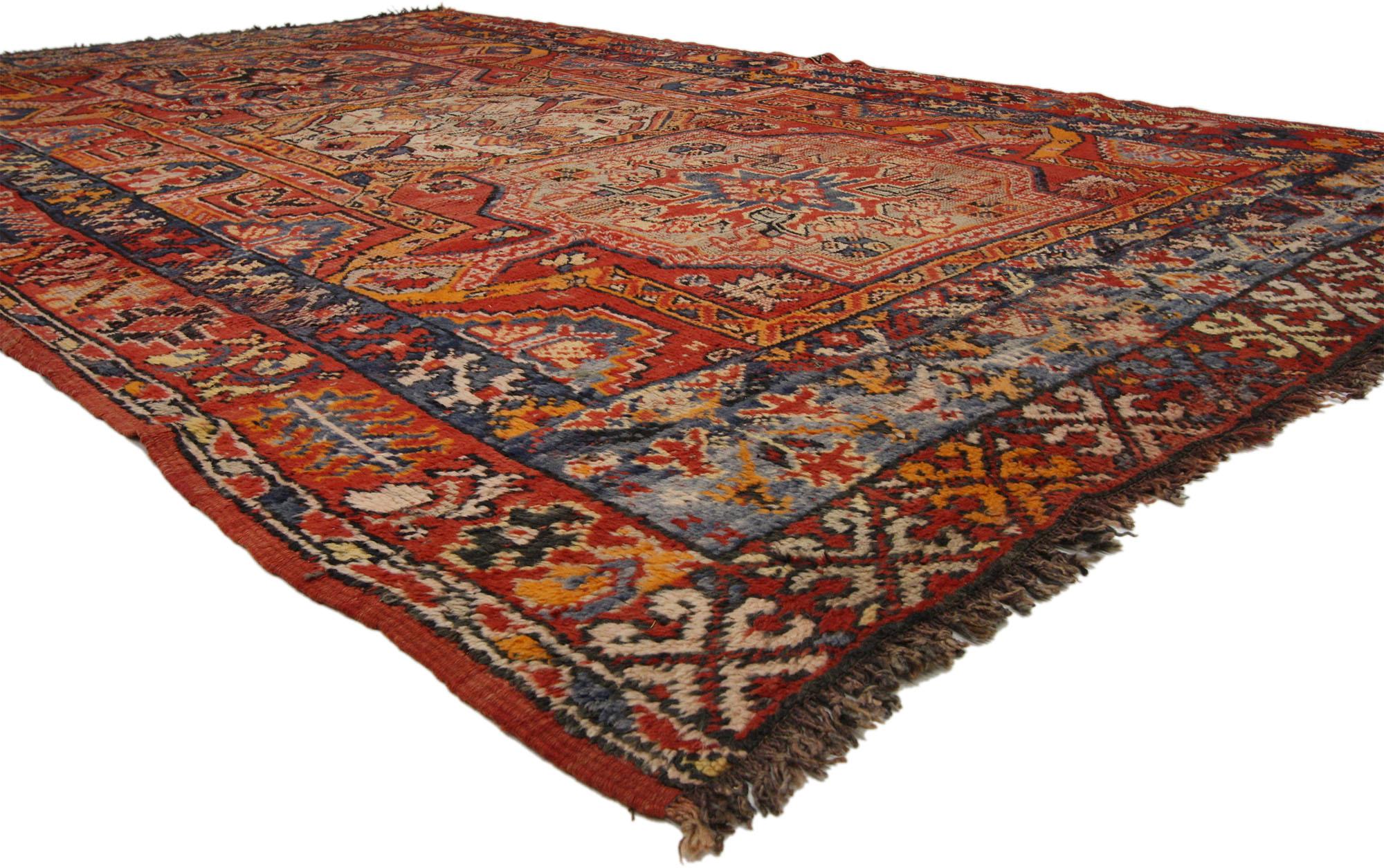 74925 vintage Turkish Oushak rug. This hand-knotted wool vintage Turkish Oushak rug with modern tribal style features three medallions each filled with stylized flowers and tribal motifs surrounded by an all-over pattern of geometric designs on a