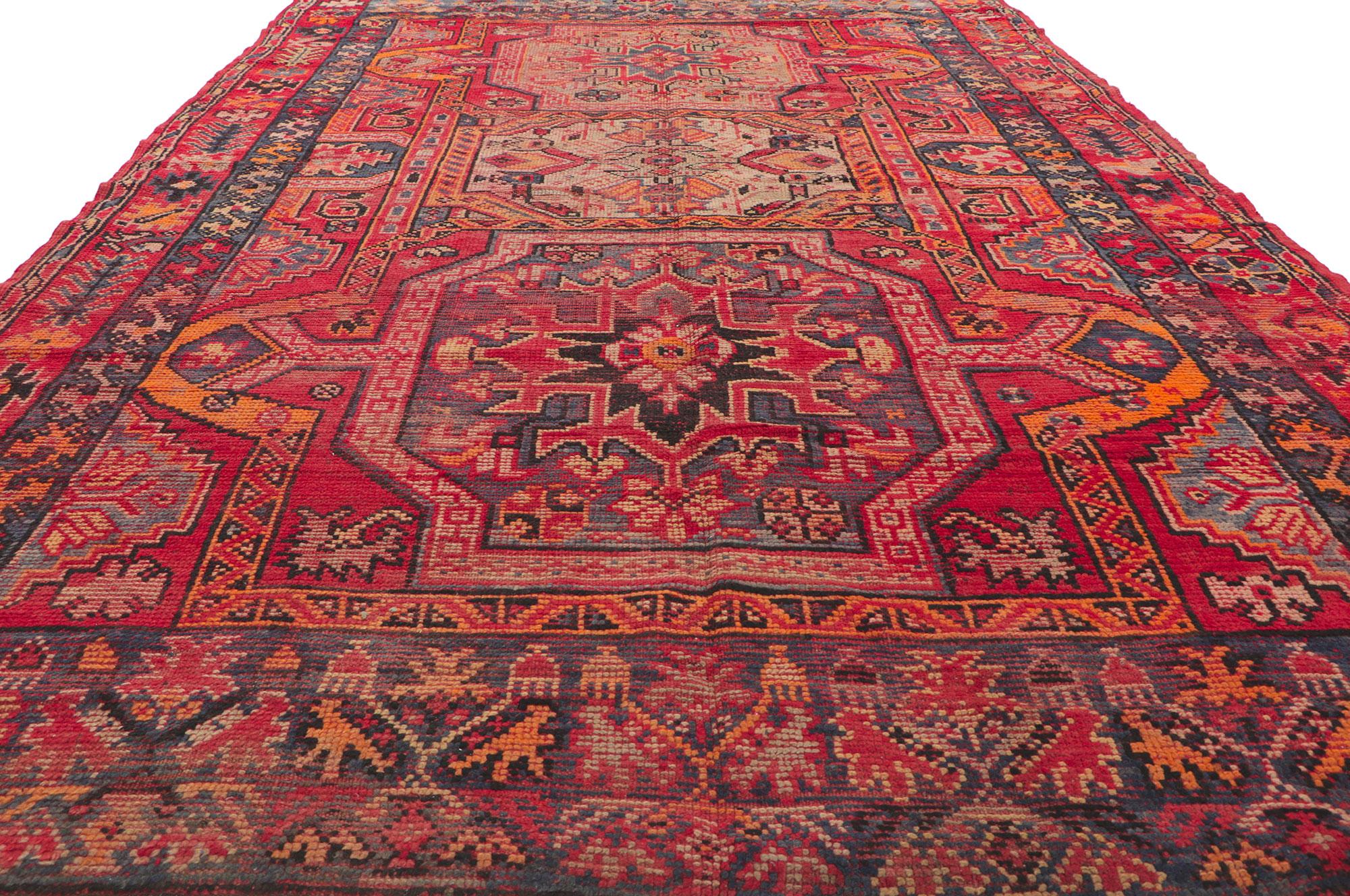 Noué à la main Tapis turc Oushak bleu et rouge vintage en vente