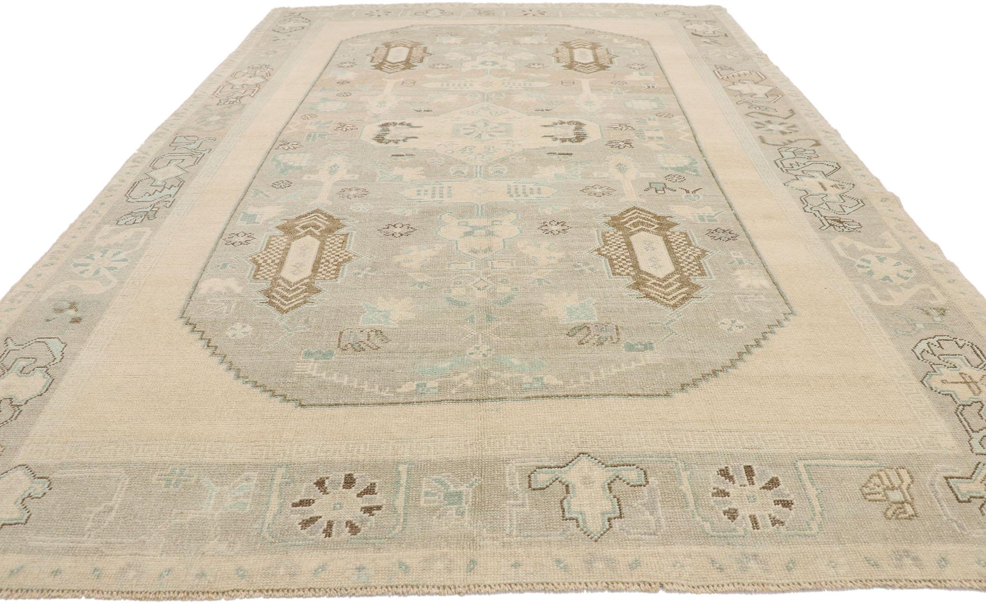 Hand-Knotted Muted Vintage Turkish Oushak Rug, Cozy Simplicity Meets Cycladic Style  For Sale