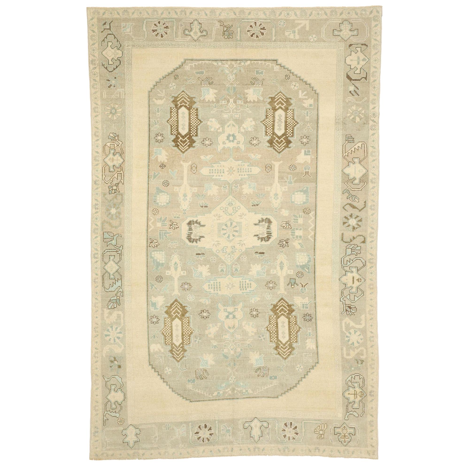 Muted Vintage Turkish Oushak Rug, Cozy Simplicity Meets Cycladic Style 