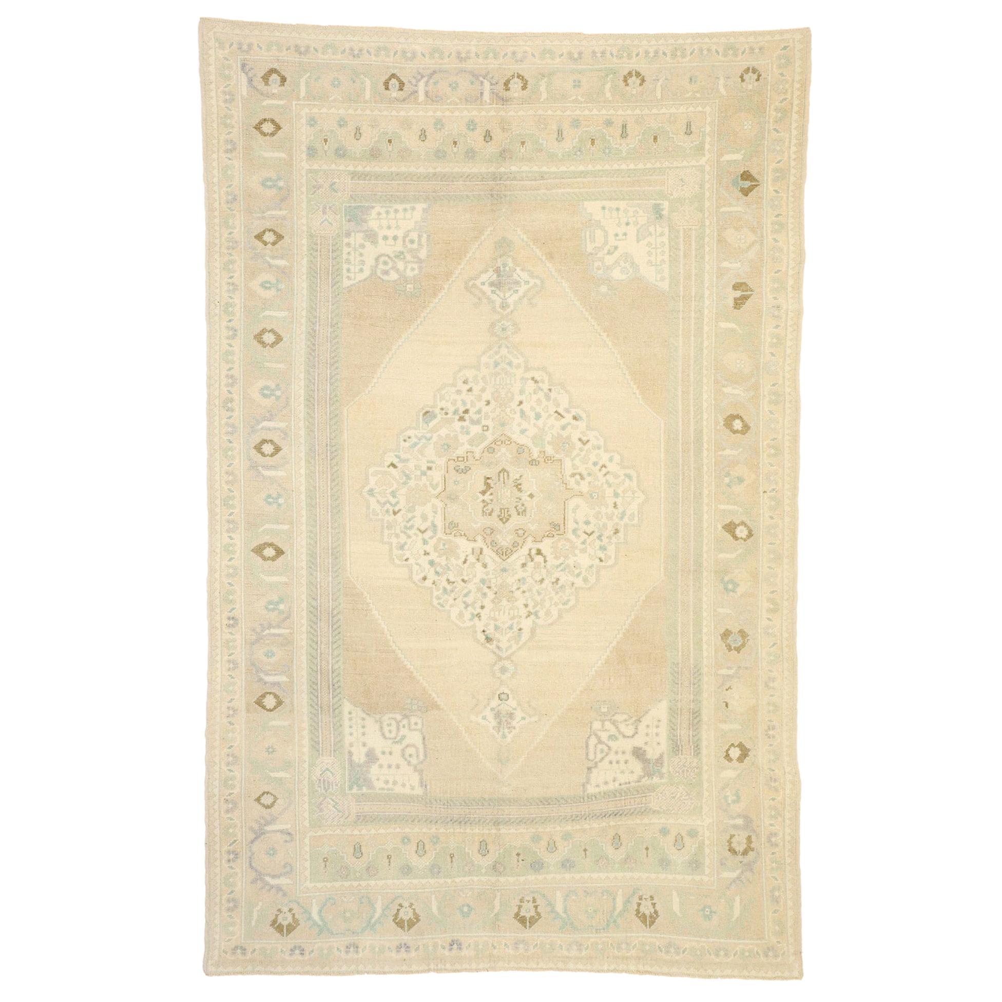 Muted Vintage Turkish Oushak Rug, Quiet Luxe Meets Calm Cohesion For Sale