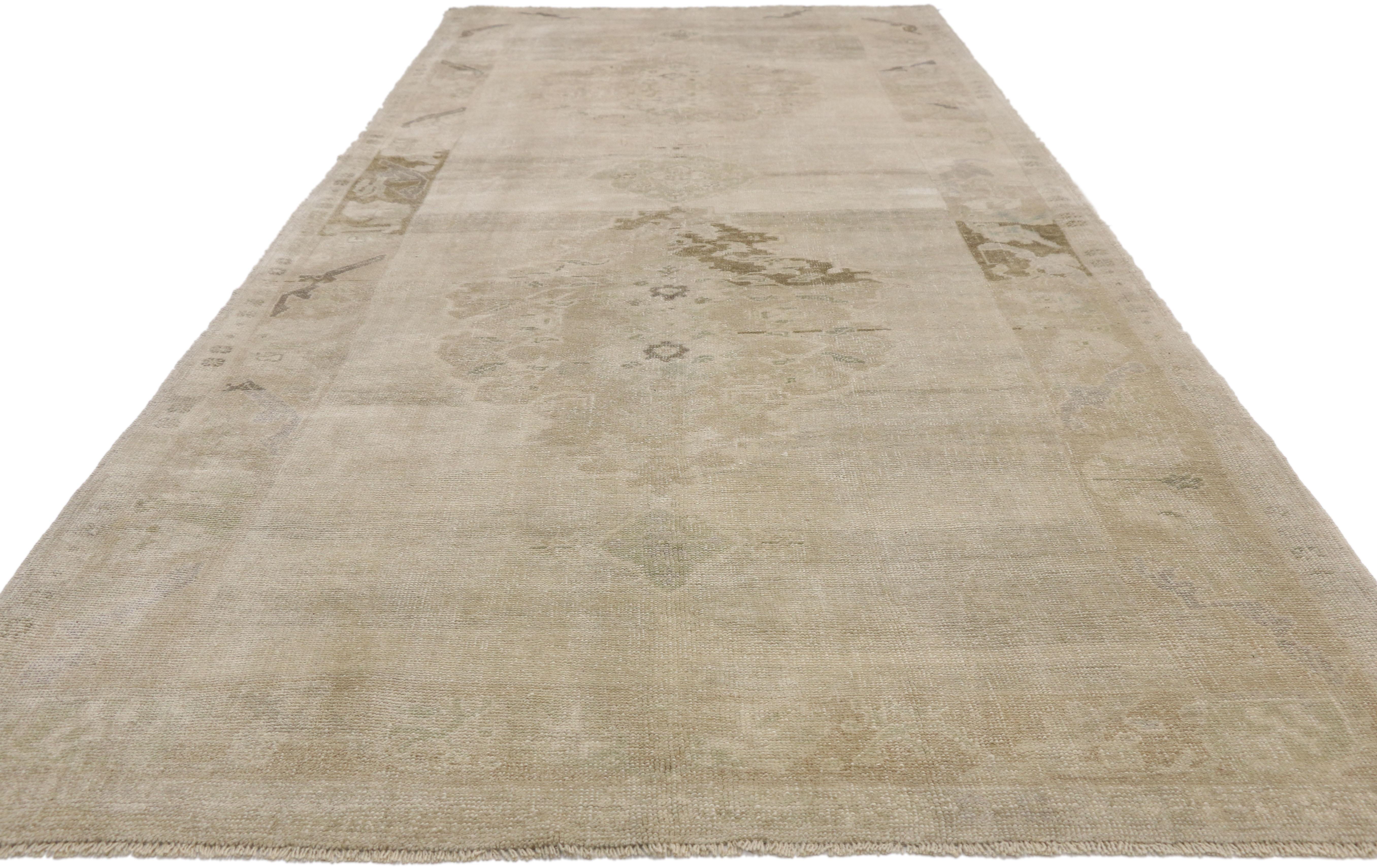 Hand-Knotted Vintage Turkish Oushak Rug with Monochromatic Mission Style, Wide Hallway Runner