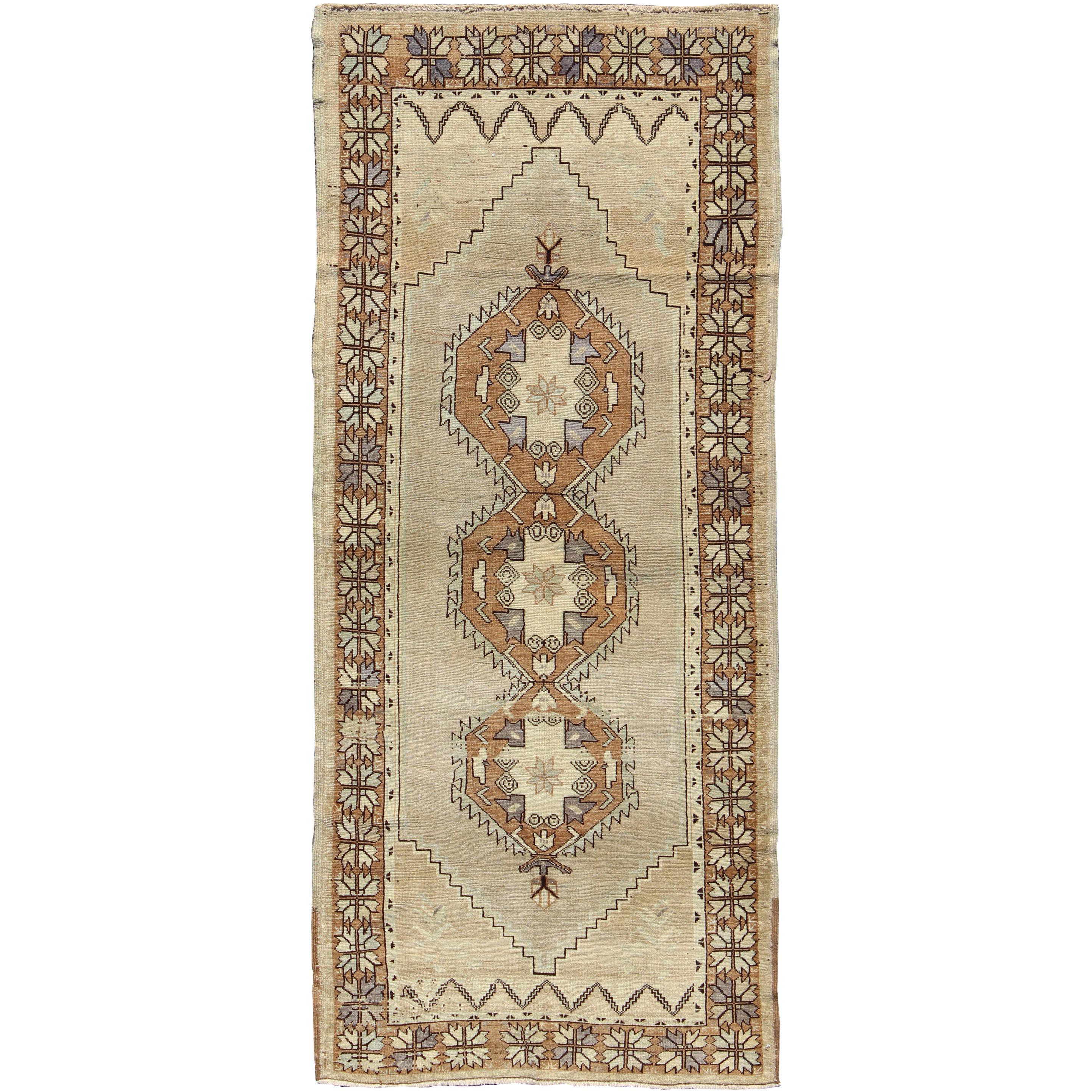 Vintage Turkish Oushak Rug with Multi-Layered Diamonds in Taupe, Gray, and Blue