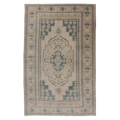 Vintage Turkish Oushak Rug with Multi-Layered Medallion in Taupe, Teal and, Blue