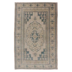 Vintage Turkish Oushak Rug with Multi-Layered Medallion in Taupe, Teal and, Blue