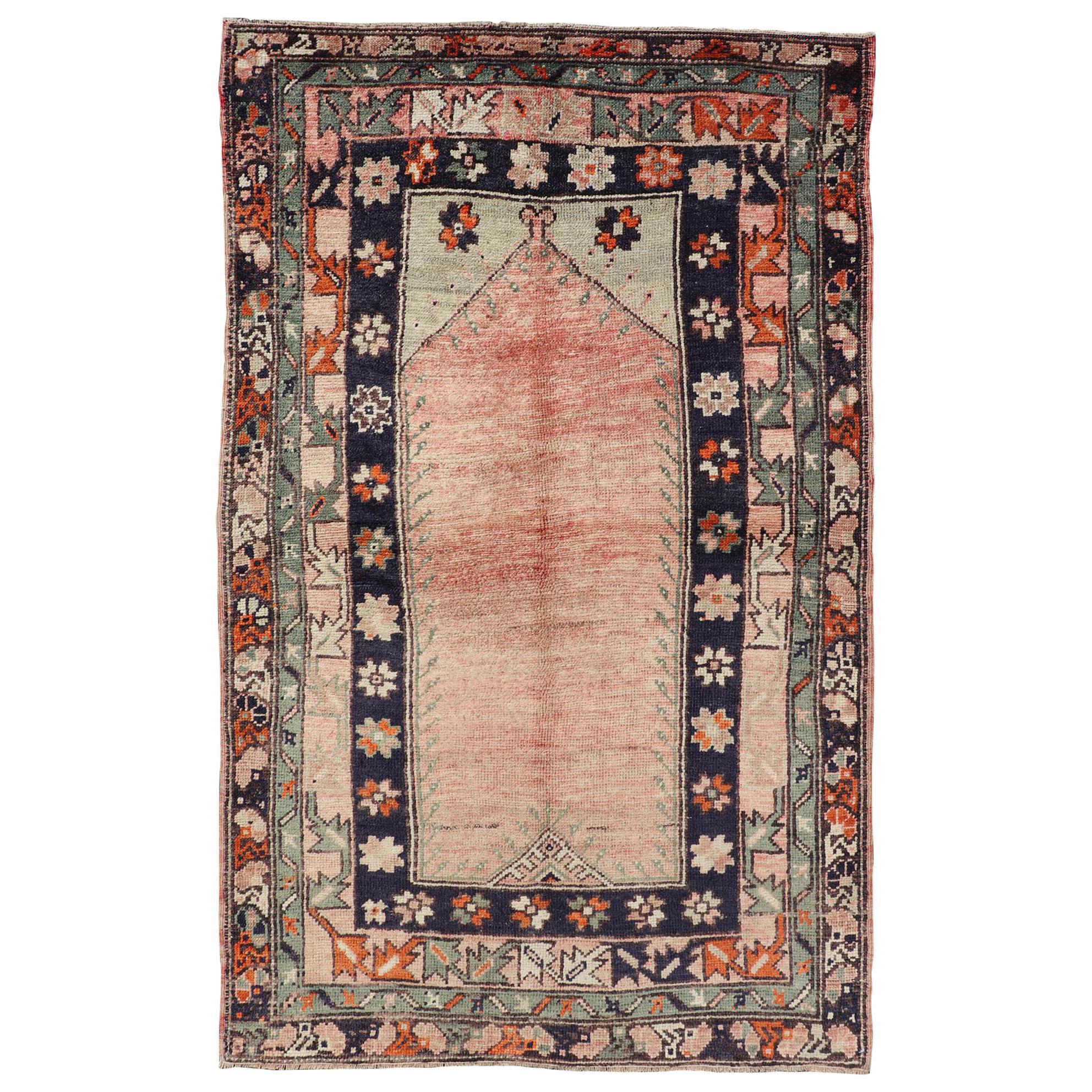 Vintage Turkish Oushak Rug with Multiple Defining Borders of Geometric Florals For Sale