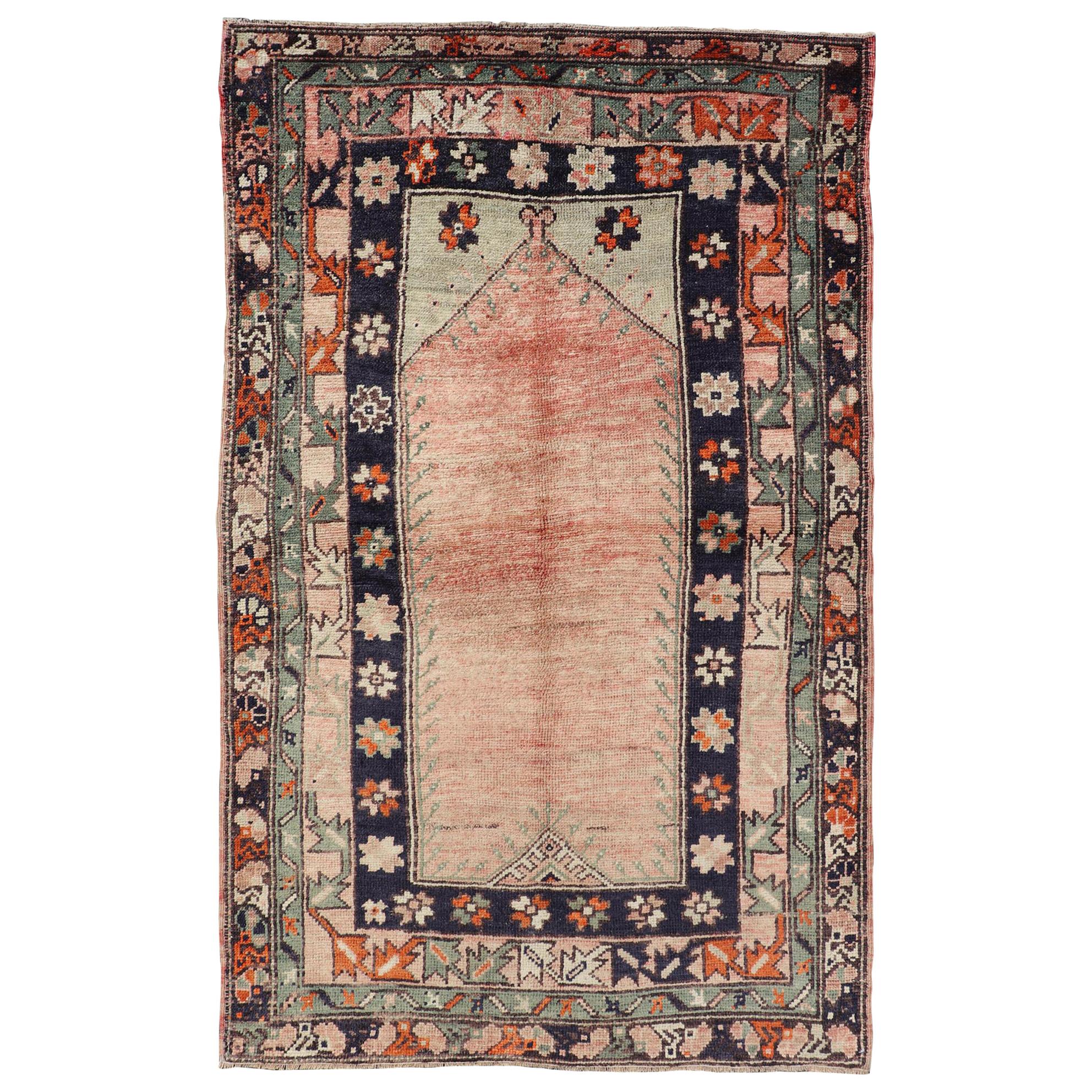 Vintage Turkish Oushak Rug with Multiple Defining Borders of Geometric Florals